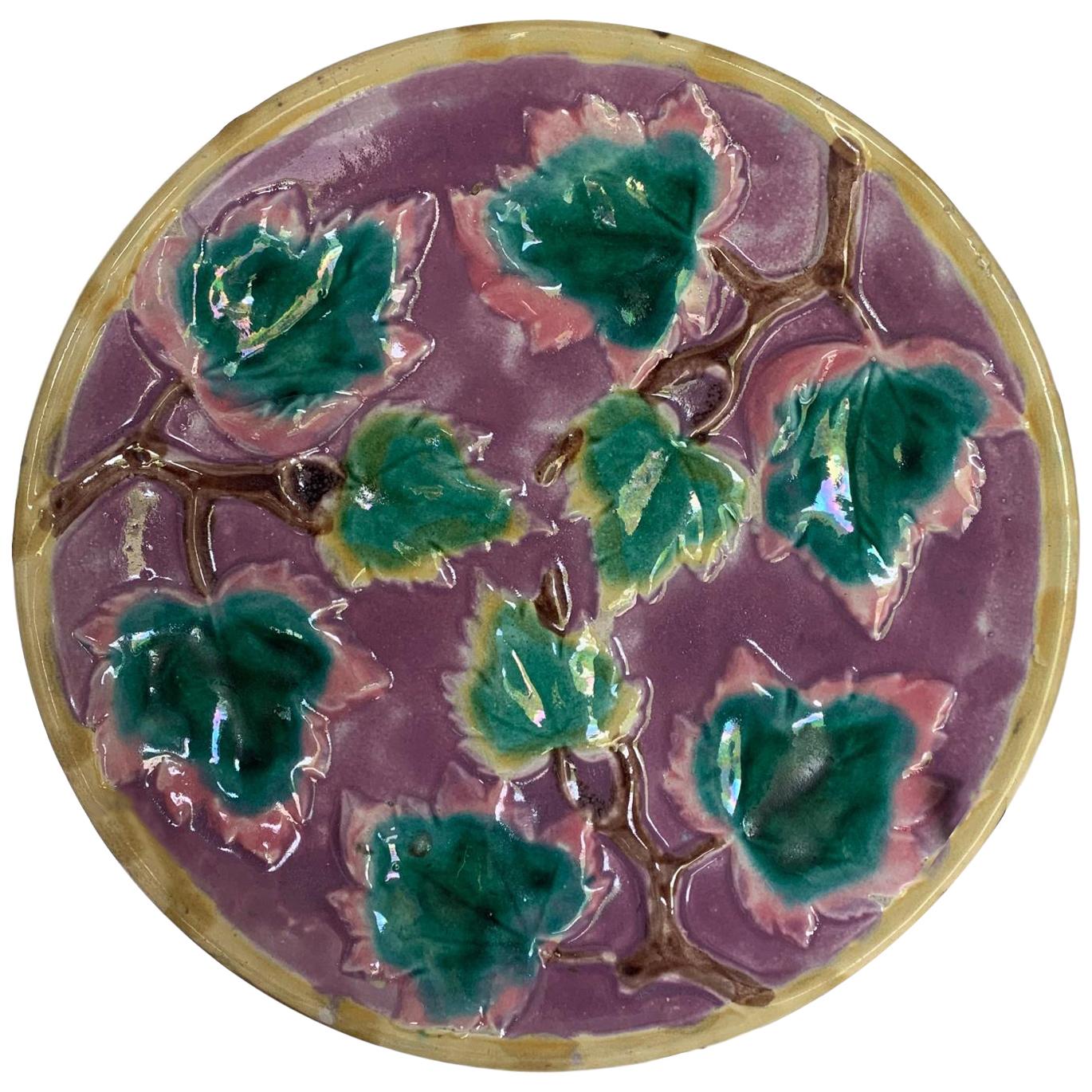 Etruscan Majolica Maple Leaf Plate on Purple Ground, by Griffin, Smith & Hill