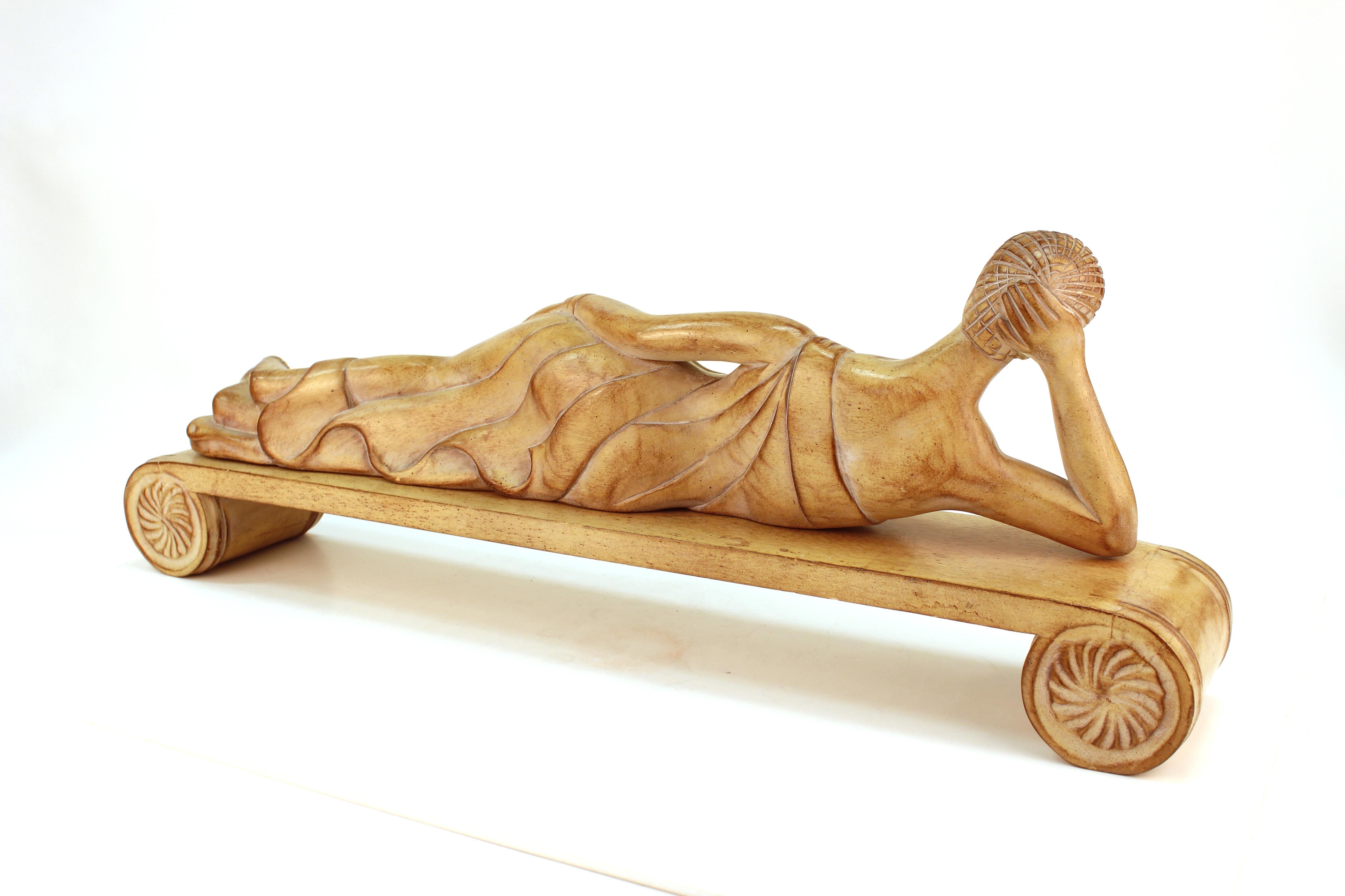 Etruscan Manner Wood Sculpture of a Reclining Woman In Good Condition In New York, NY