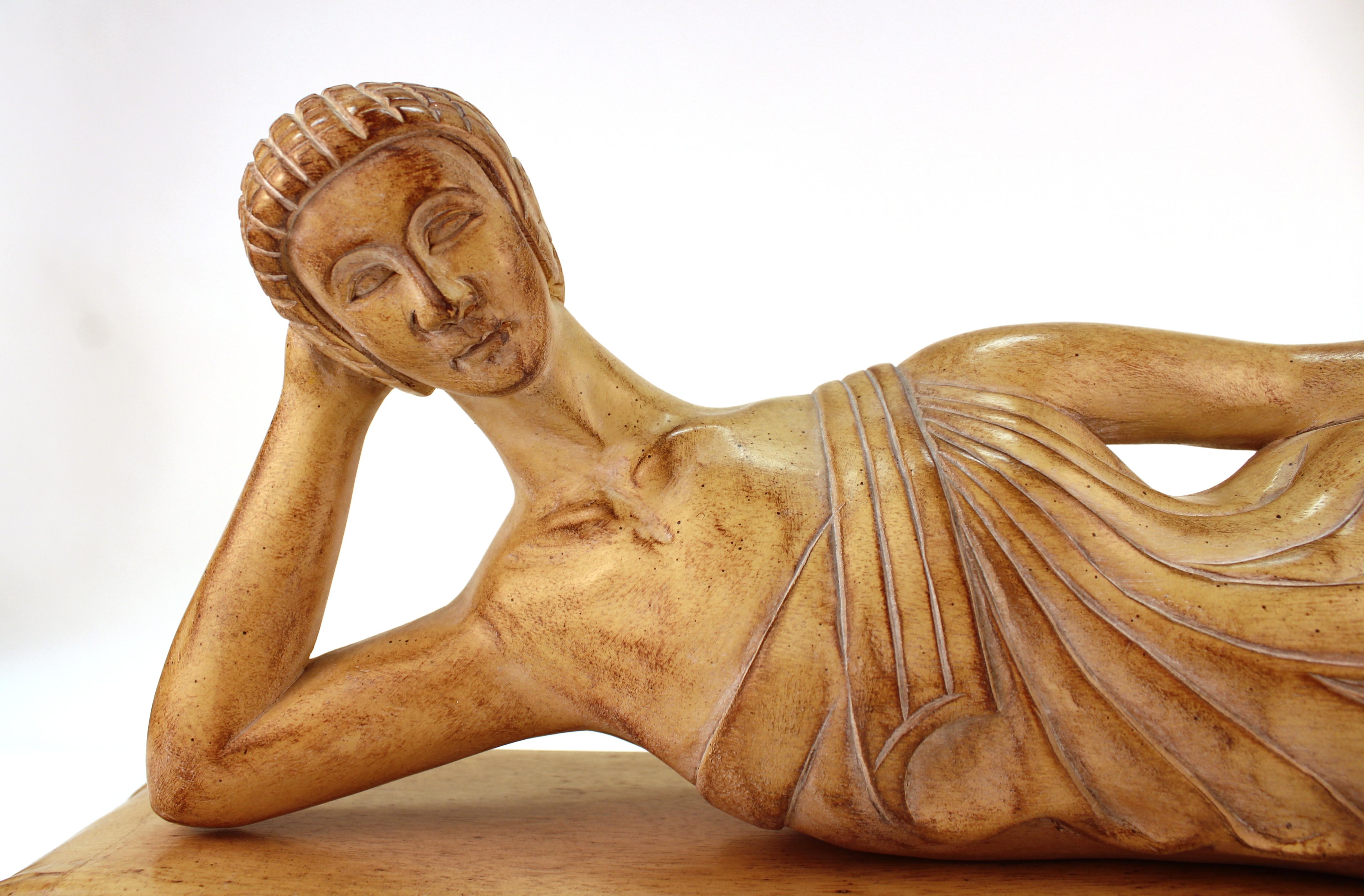 Etruscan Manner Wood Sculpture of a Reclining Woman 3