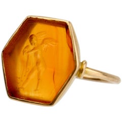 Etruscan Revival 14 Karat Gold and Carnelian Cupid Carved Intaglio Signet Ring