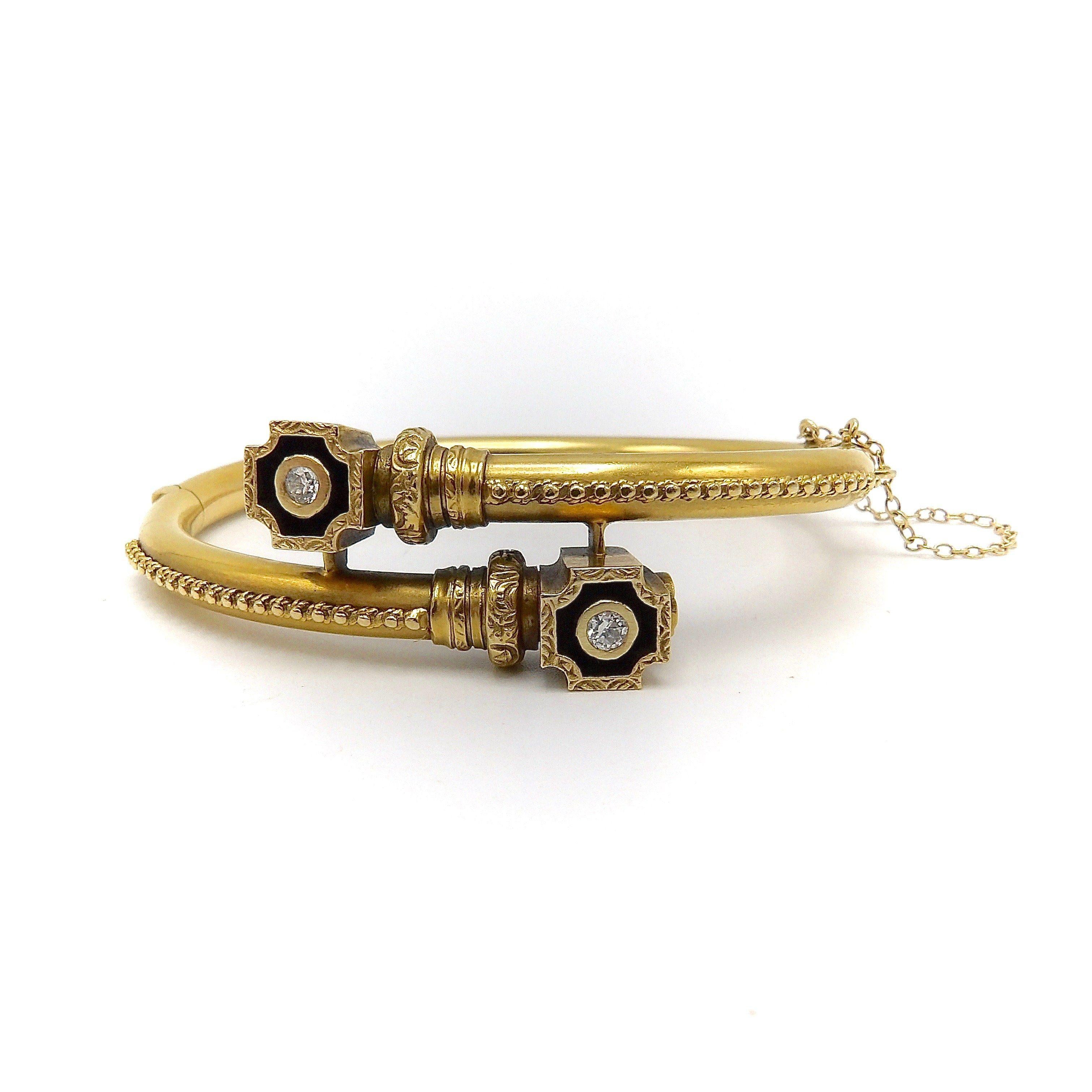 Old European Cut Etruscan Revival 14K Gold Bypass Bracelet with Diamonds For Sale