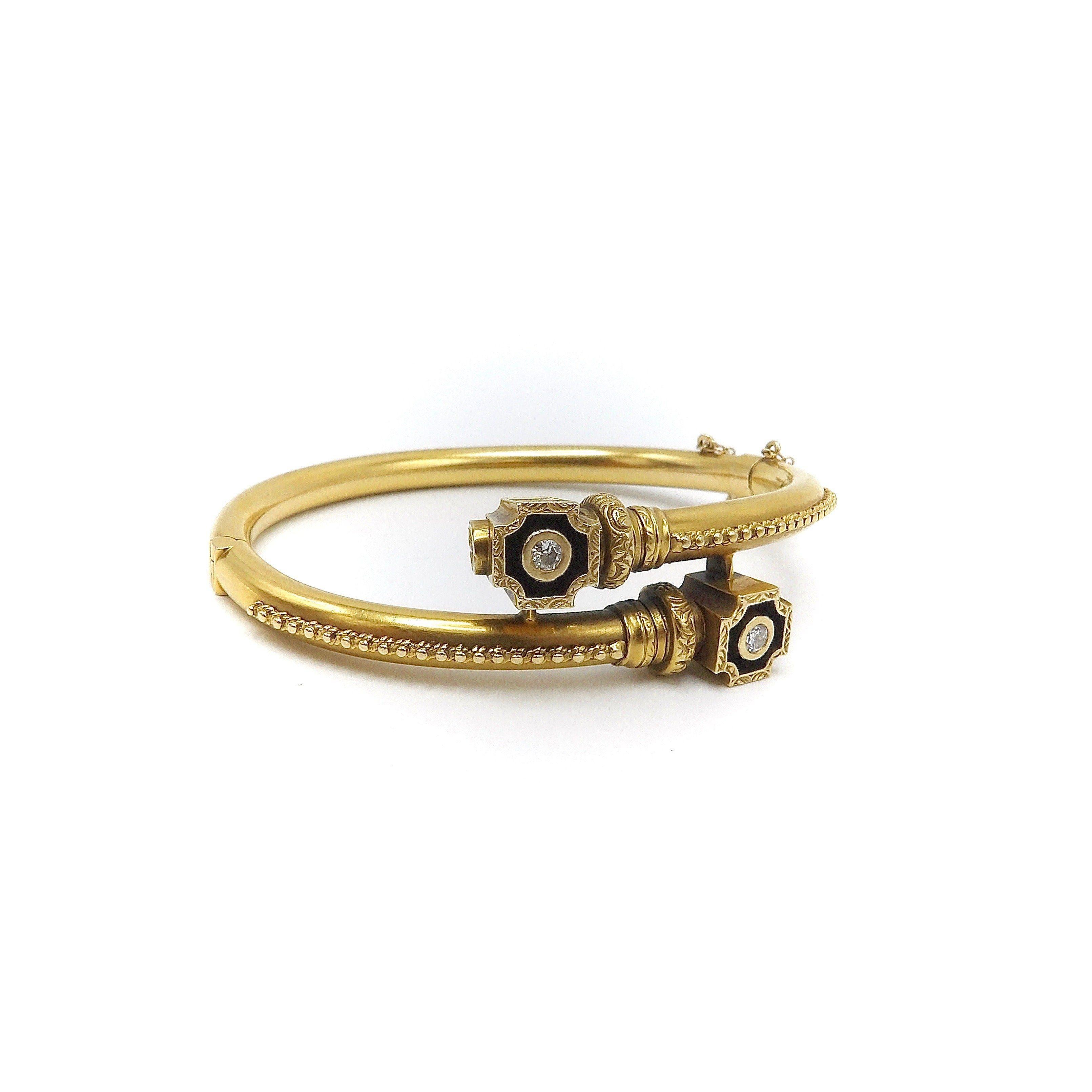 Women's Etruscan Revival 14K Gold Bypass Bracelet with Diamonds For Sale