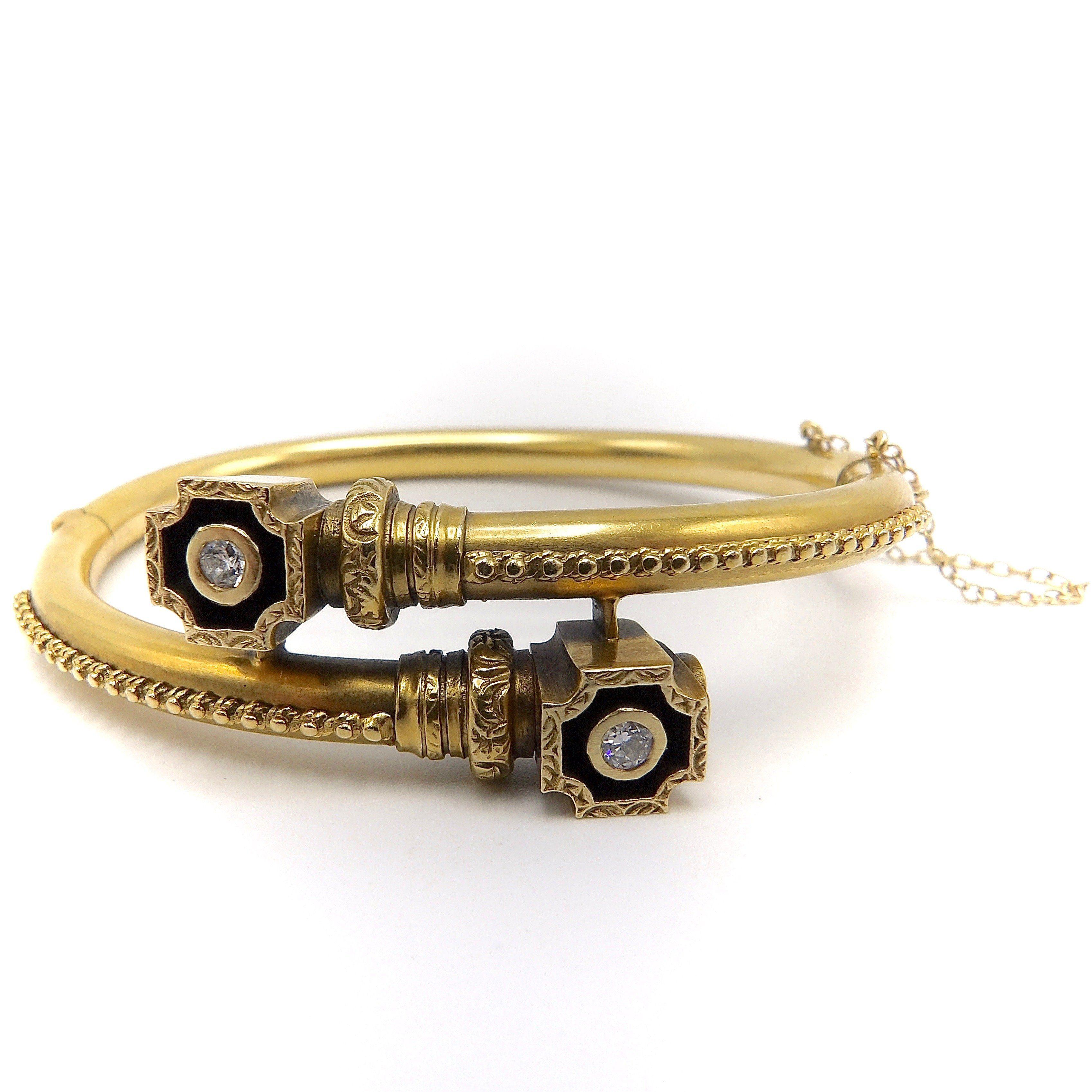 Etruscan Revival 14K Gold Bypass Bracelet with Diamonds For Sale 2