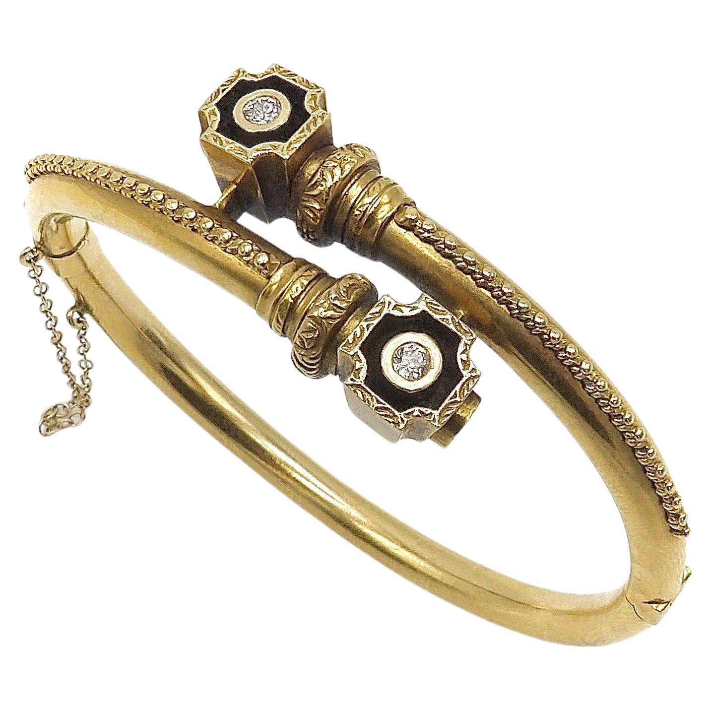 Etruscan Revival 14K Gold Bypass Bracelet with Diamonds For Sale