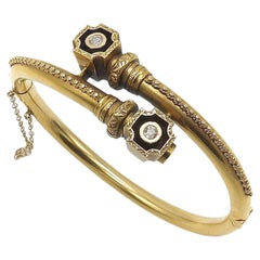 Antique Etruscan Revival 14K Gold Bypass Bracelet with Diamonds