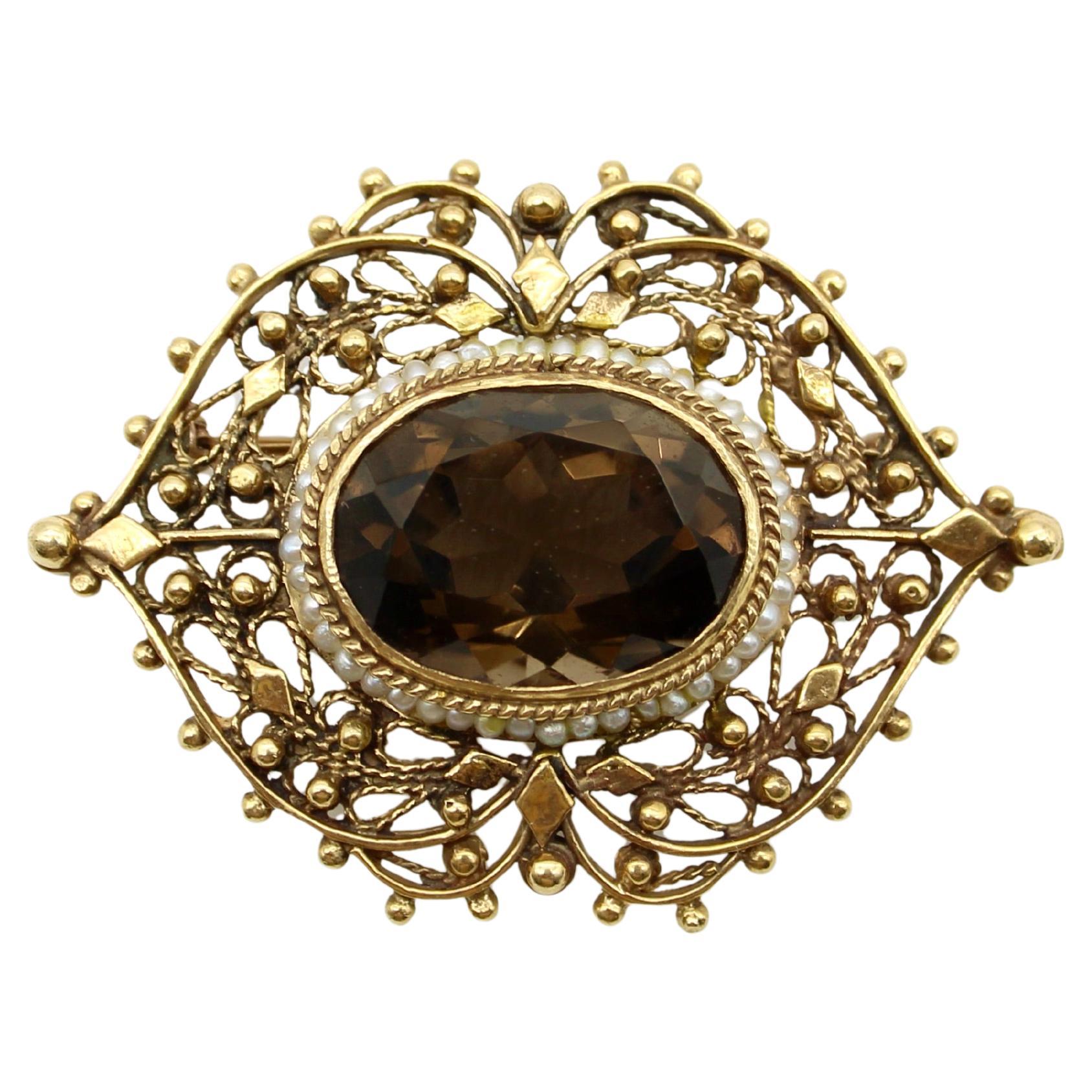 Etruscan Revival 14K Gold Smoky Topaz & Pearl Brooch-Pendant