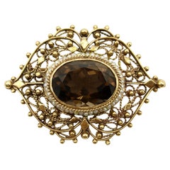 Etruscan Revival 14K Gold Smoky Topaz & Pearl Brooch-Pendant