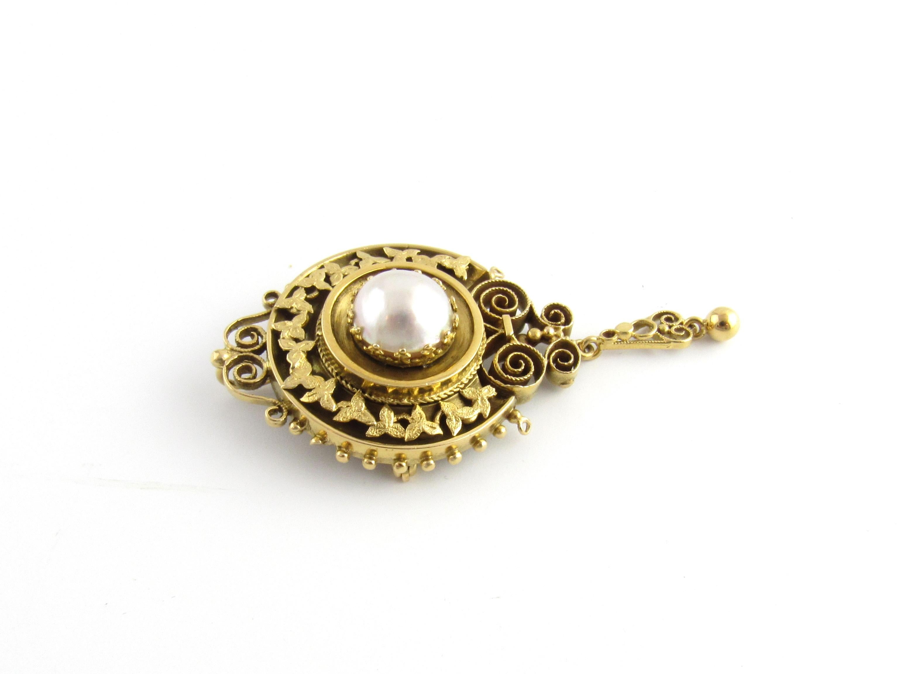 Cabochon Etruscan Revival 14K Yellow Gold and Mabe Pearl Pin Pendant For Sale
