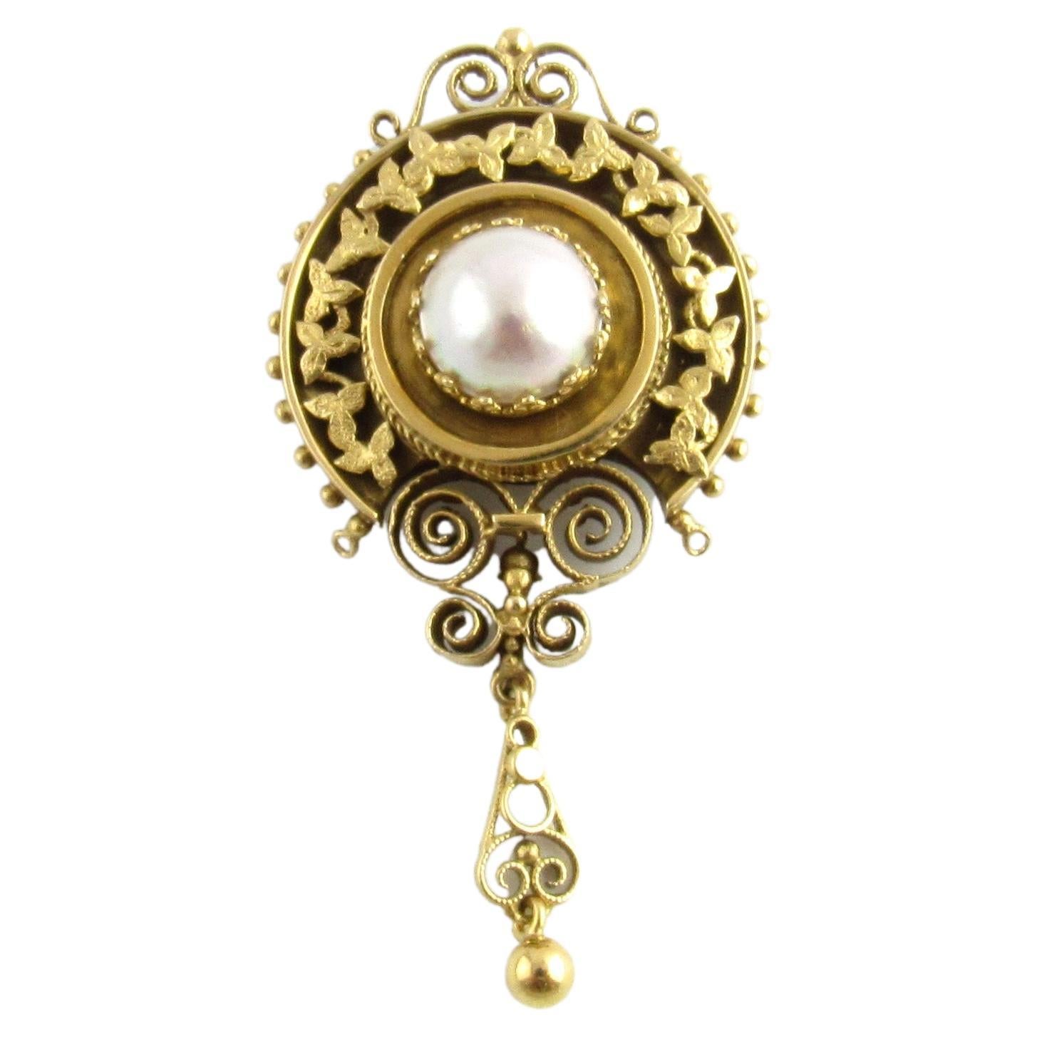Etruscan Revival 14K Yellow Gold and Mabe Pearl Pin Pendant For Sale