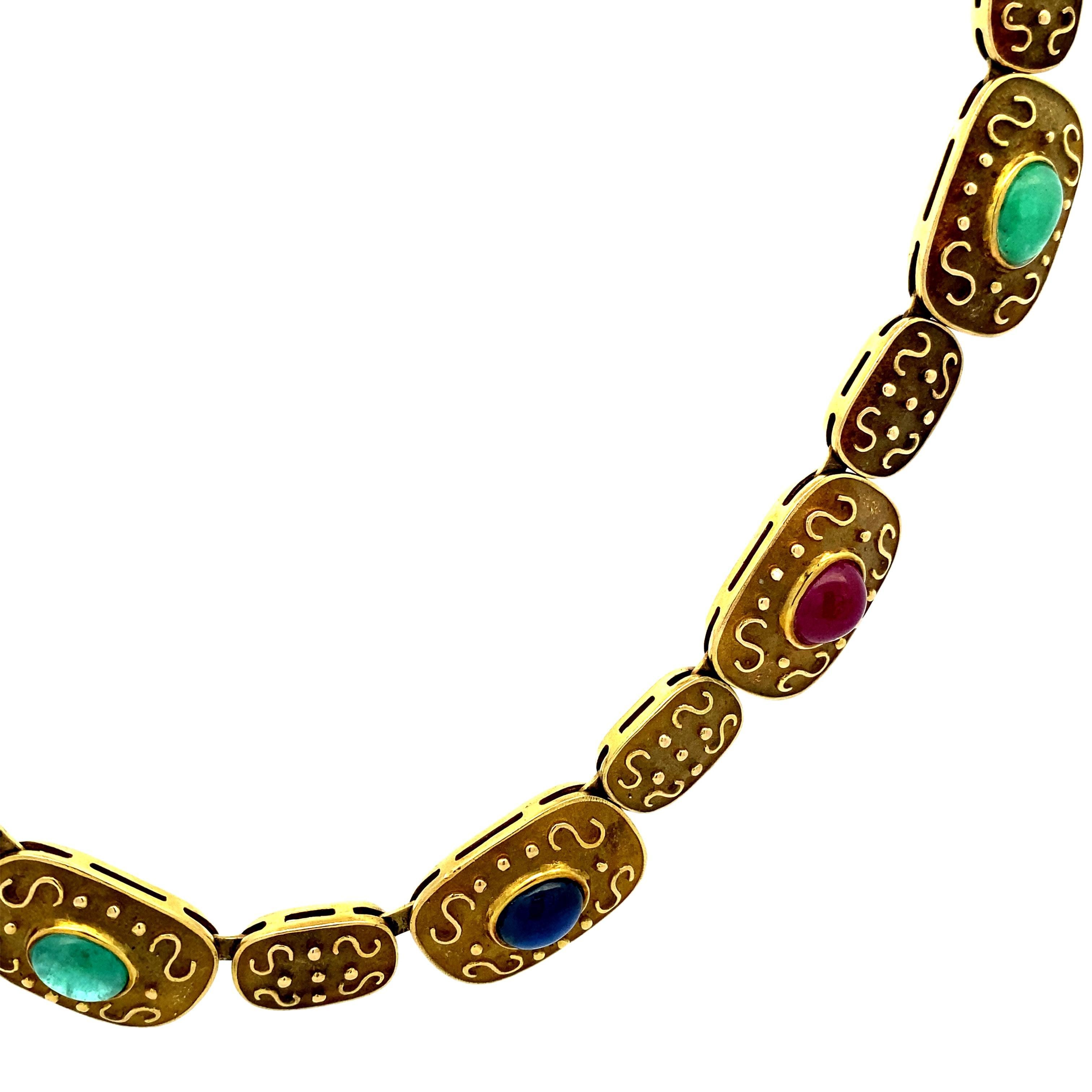 Collana Etruscan Revival in oro 14kt con più pietre preziose In condizioni ottime in vendita a Aventura, FL