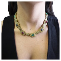 Etruscan Revival 14kt Gold Necklace with Multi Gemstones