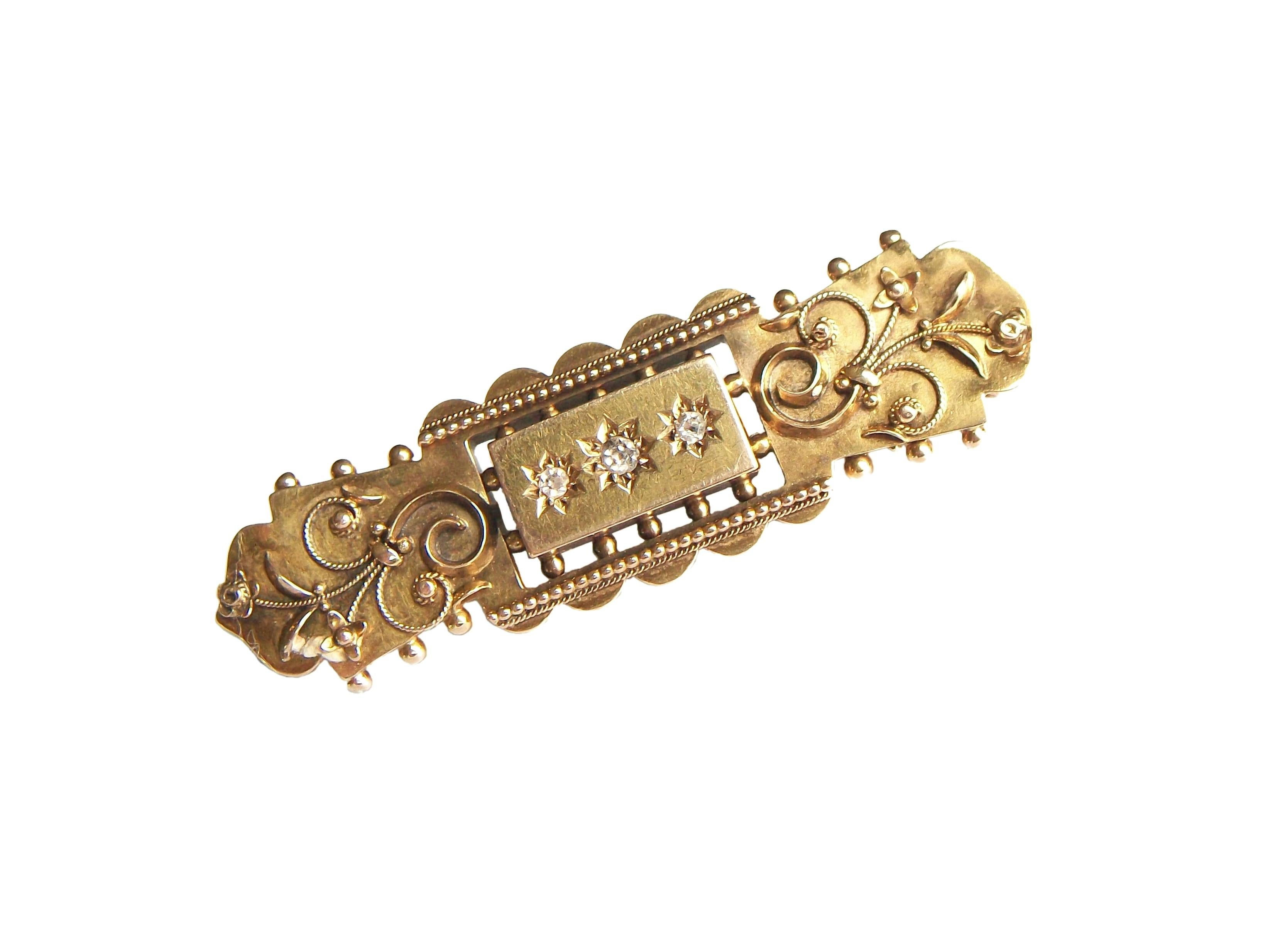 Old Mine Cut Etruscan Revival 15K Gold Bar Brooch w/ Mine Cut Diamonds, U.K., Circa 1870's For Sale