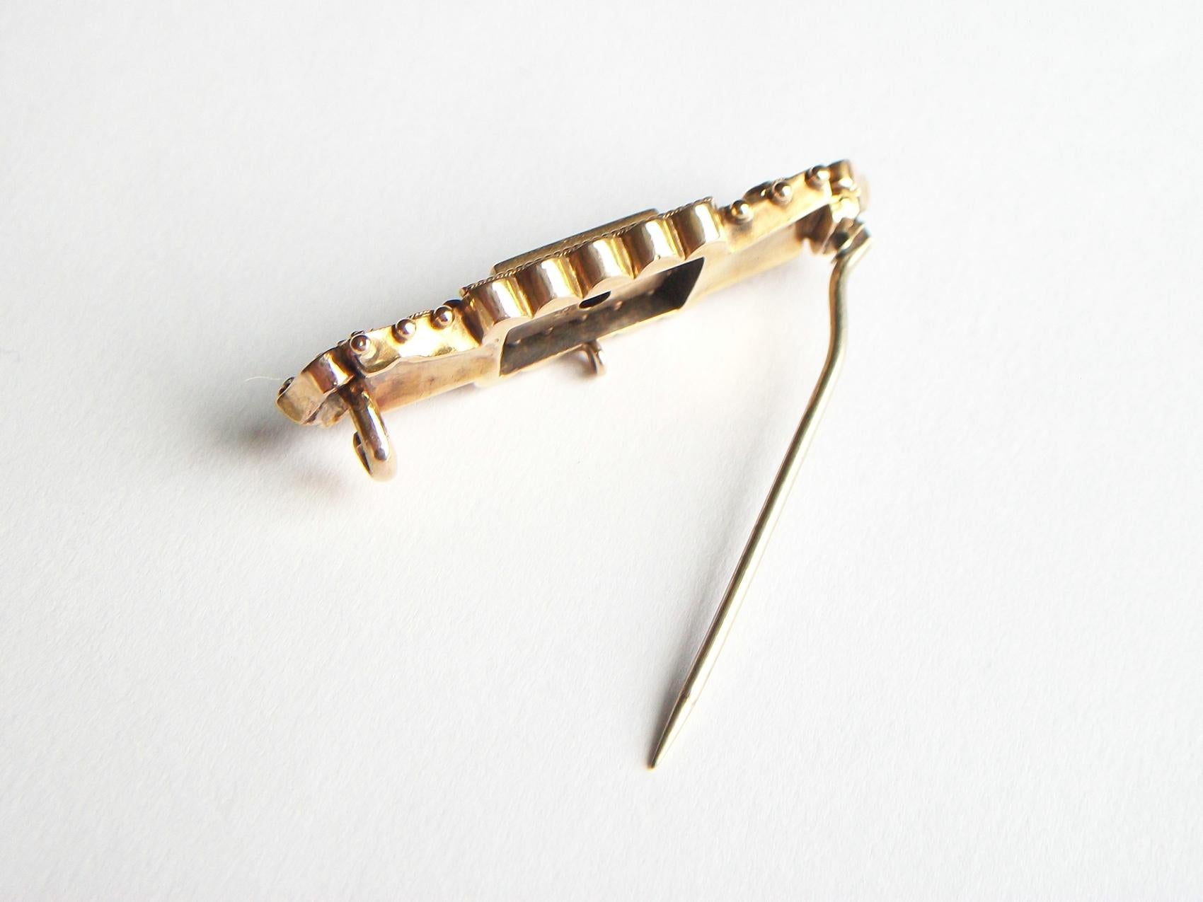 Etruscan Revival 15K Gold Bar Brooch w/ Mine Cut Diamonds, U.K., Circa 1870's In Good Condition For Sale In Chatham, CA