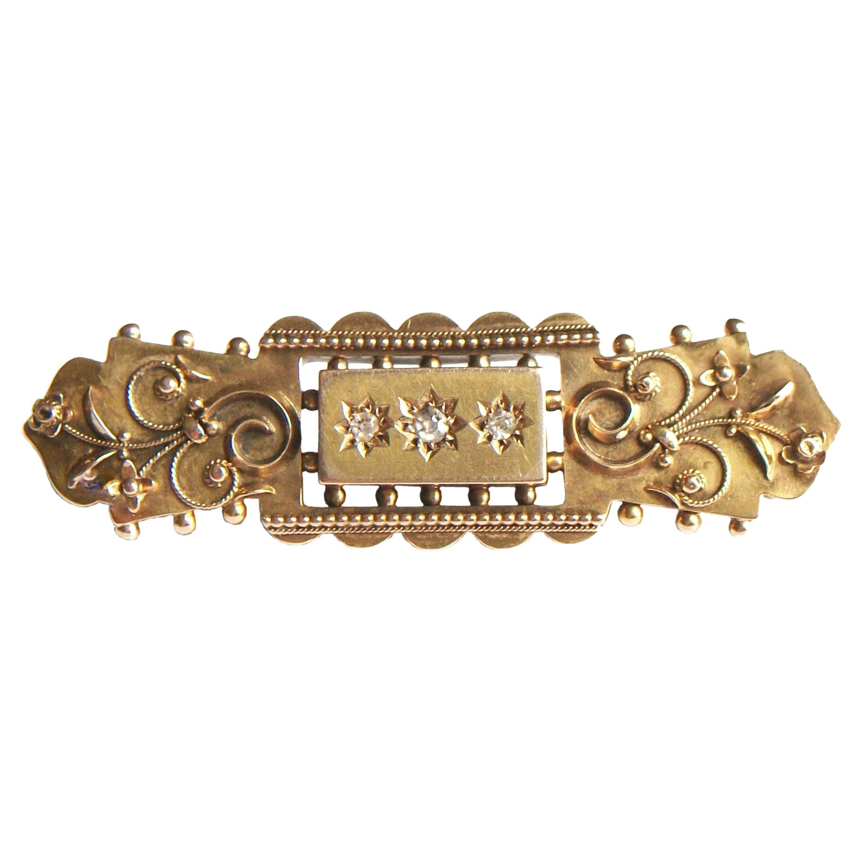 Etruscan Revival 15K Gold Bar Brooch w/ Mine Cut Diamonds, U.K., Circa 1870's For Sale
