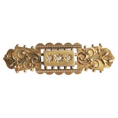 Etruscan Revival 15K Gold Bar Brooch w/ Mine Cut Diamonds, U.K., Circa 1870's
