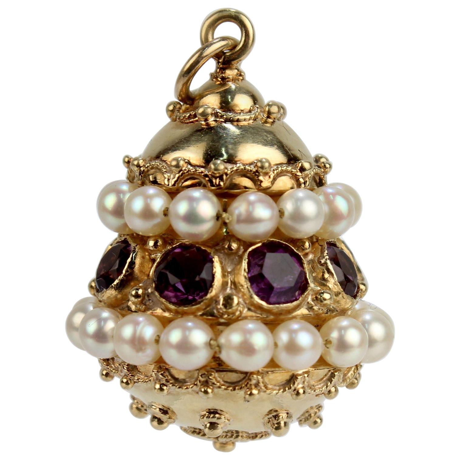 Etruscan Revival 18 Karat Gold, Amethyst, and Pearl Charm or Pendant
