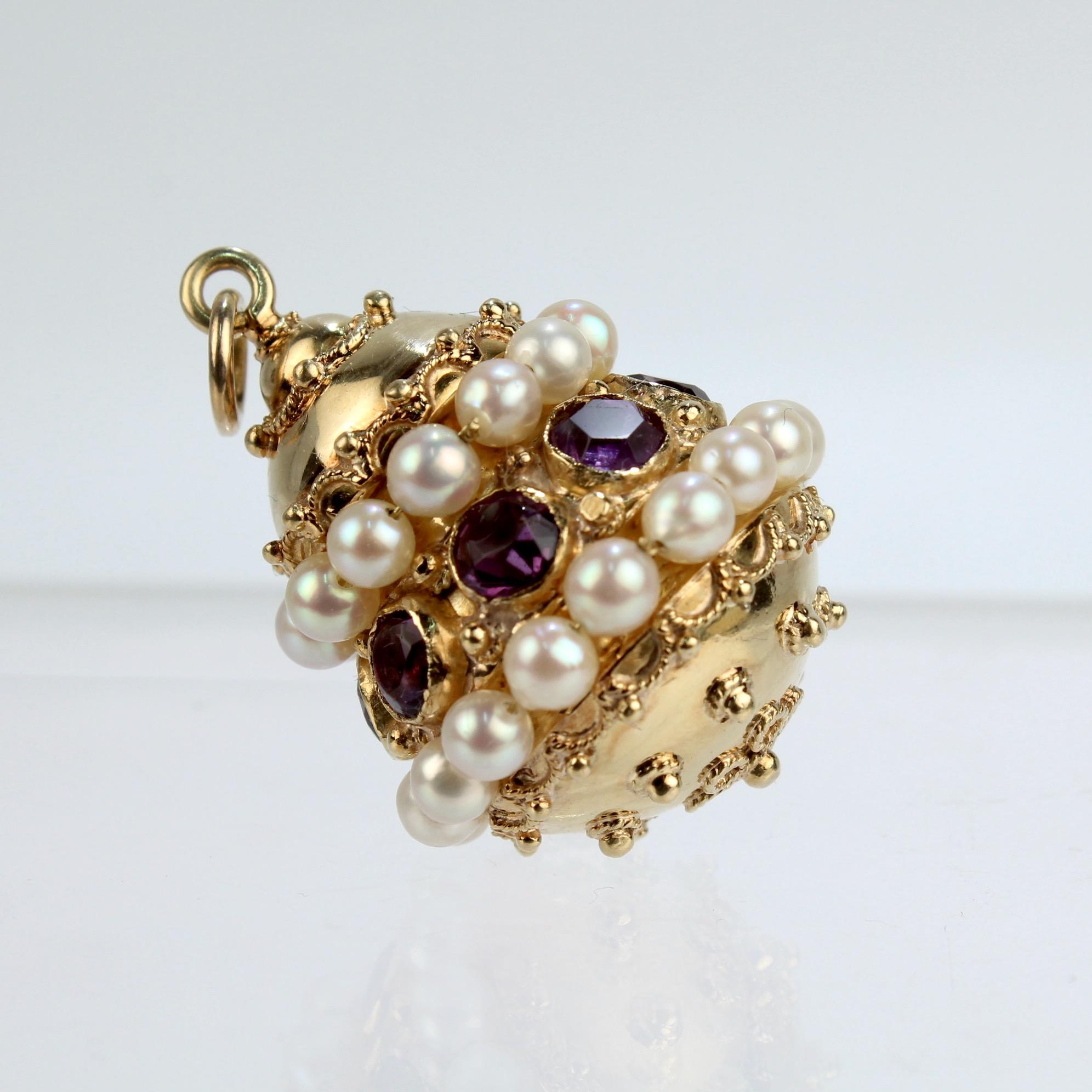 Etruscan Revival 18 Karat Gold, Amethyst, and Pearl Charm or Pendant 1