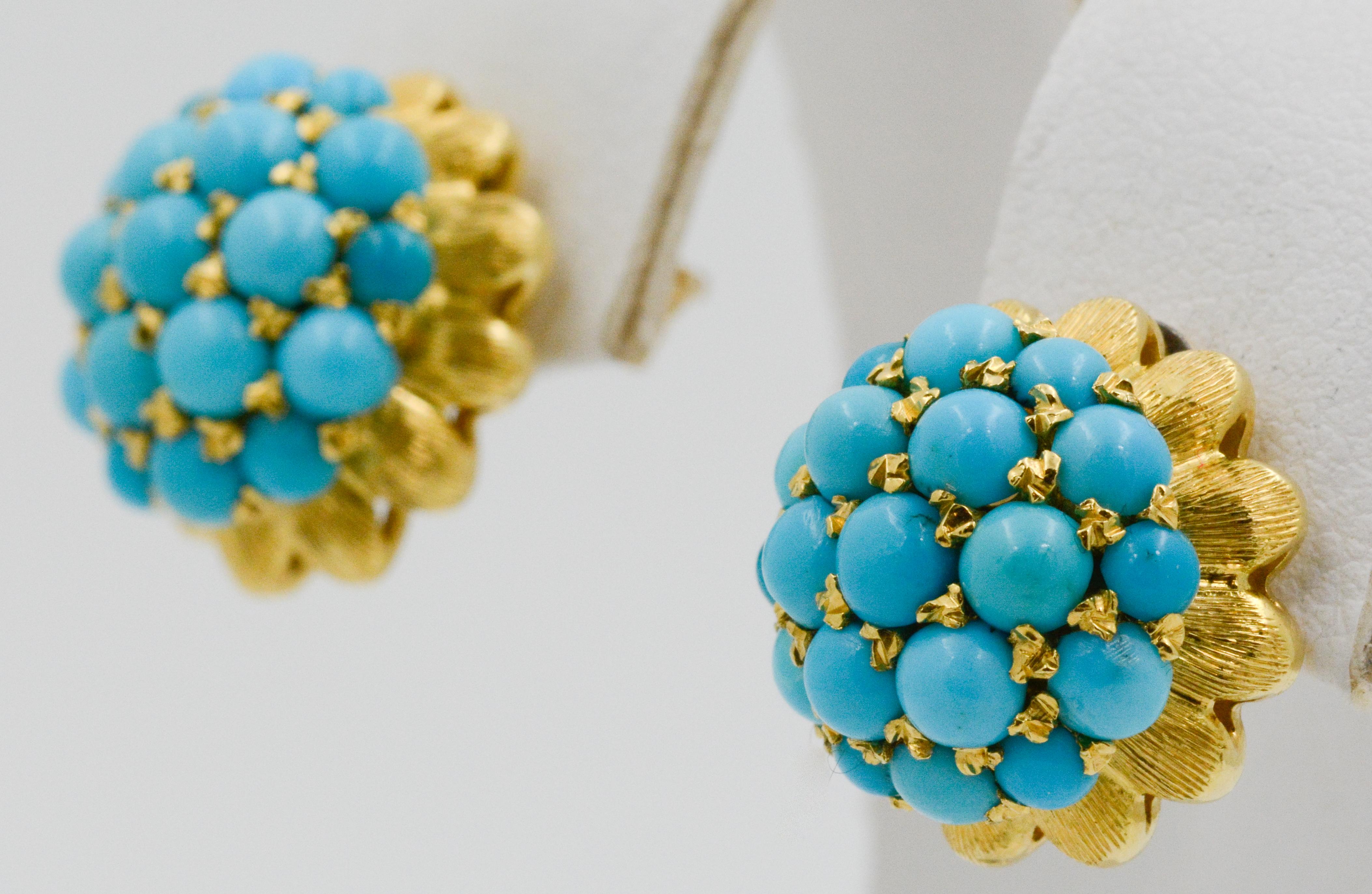 Etruscan Revival 18 Karat Yellow Gold Turquoise Earrings 5