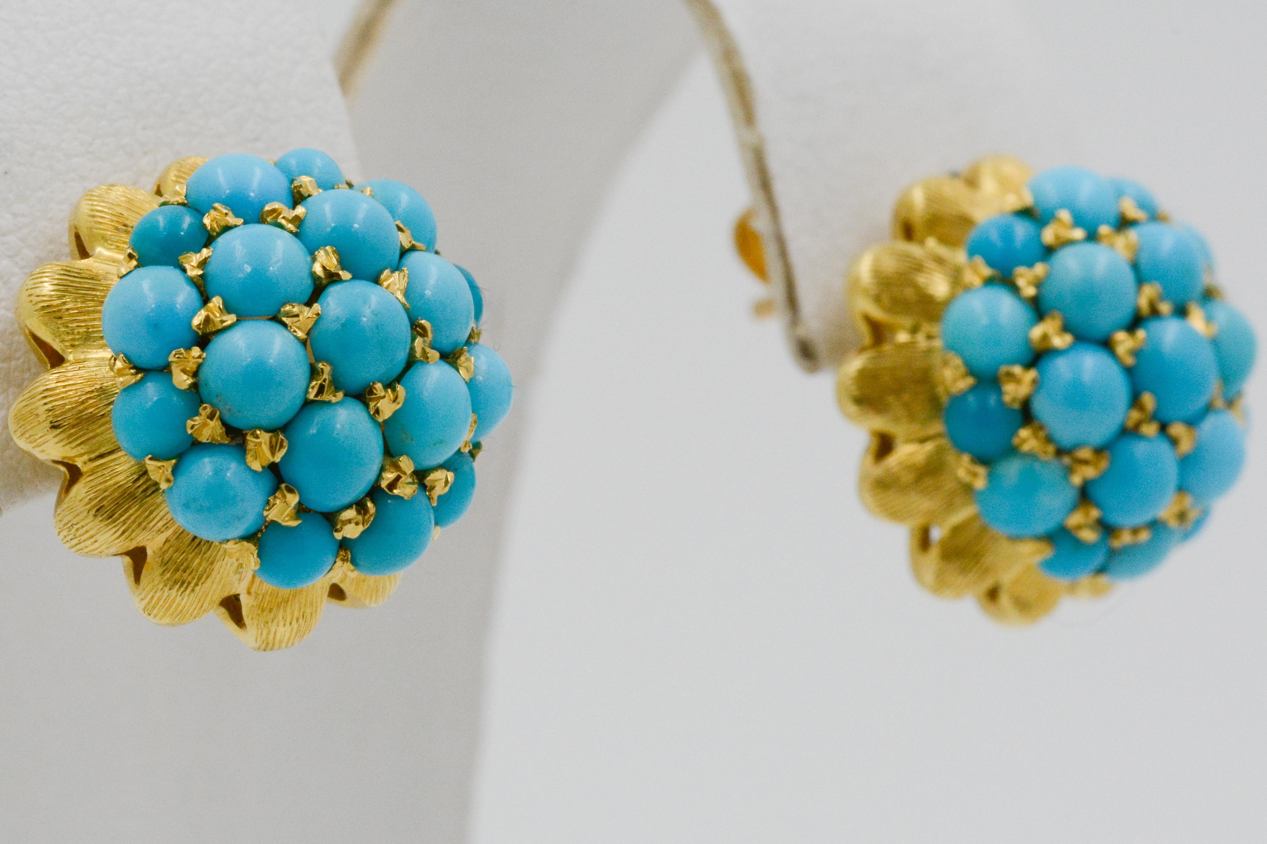 Etruscan Revival 18 Karat Yellow Gold Turquoise Earrings 6