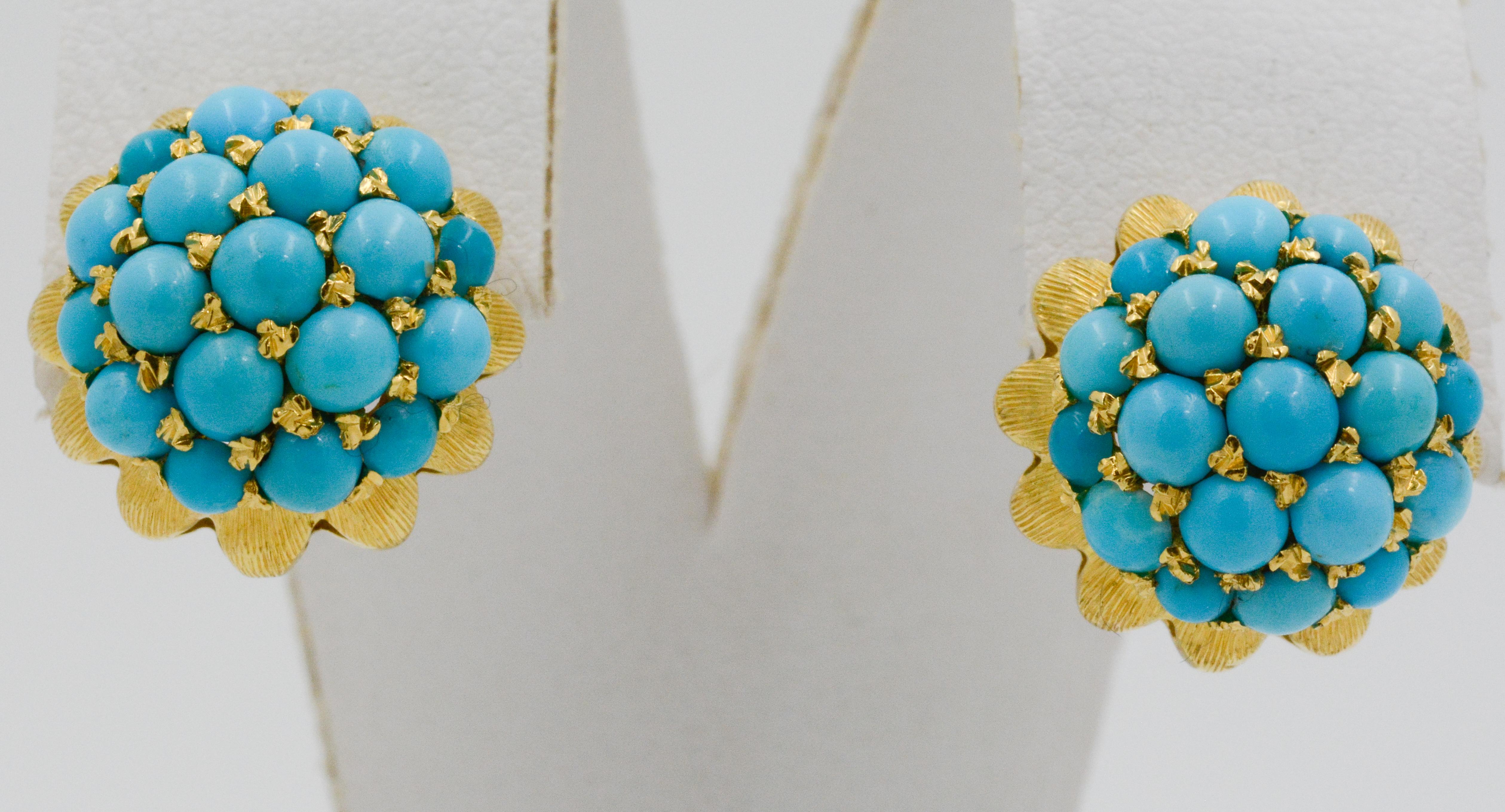 Round Cut Etruscan Revival 18 Karat Yellow Gold Turquoise Earrings