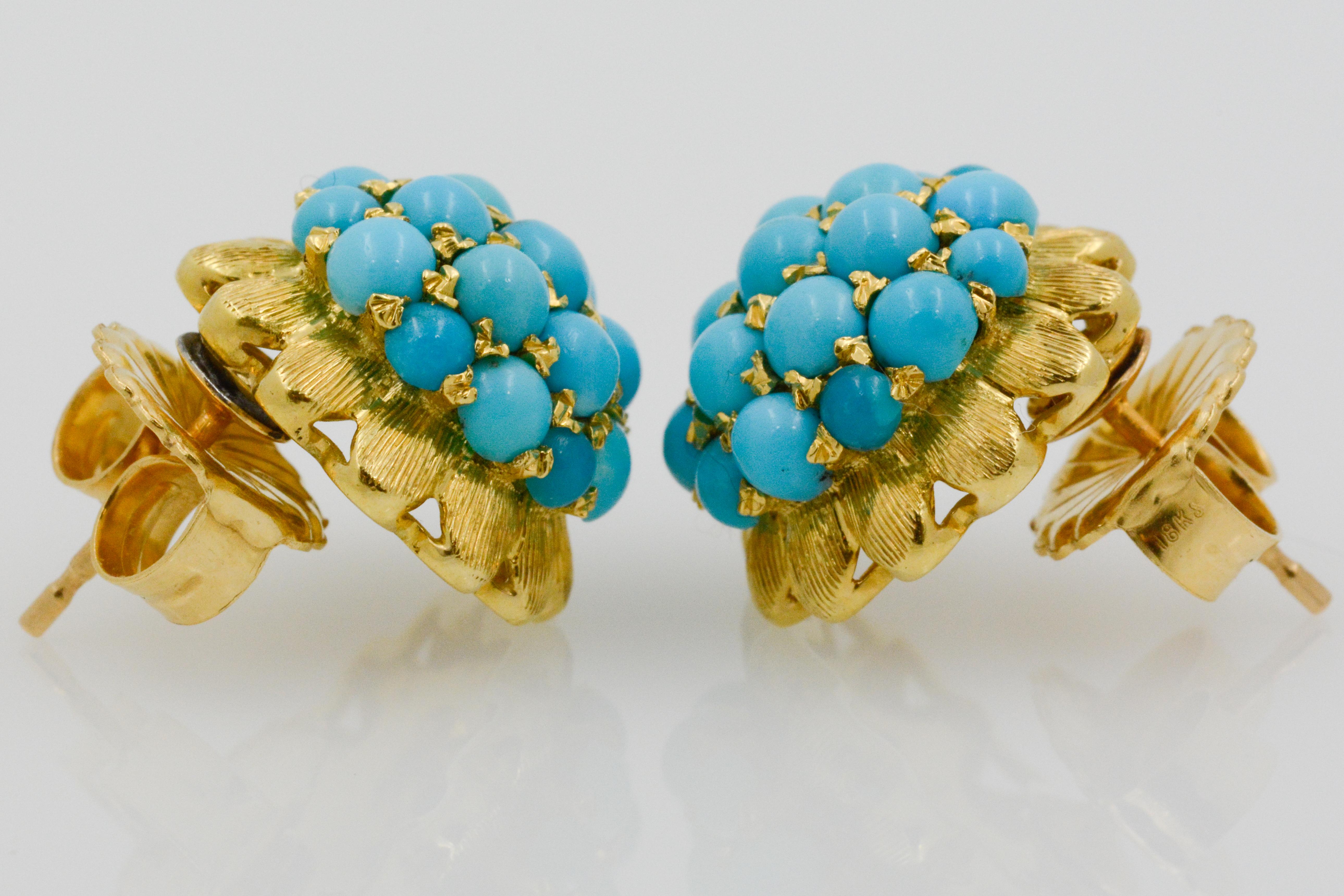 Etruscan Revival 18 Karat Yellow Gold Turquoise Earrings In Excellent Condition In Dallas, TX