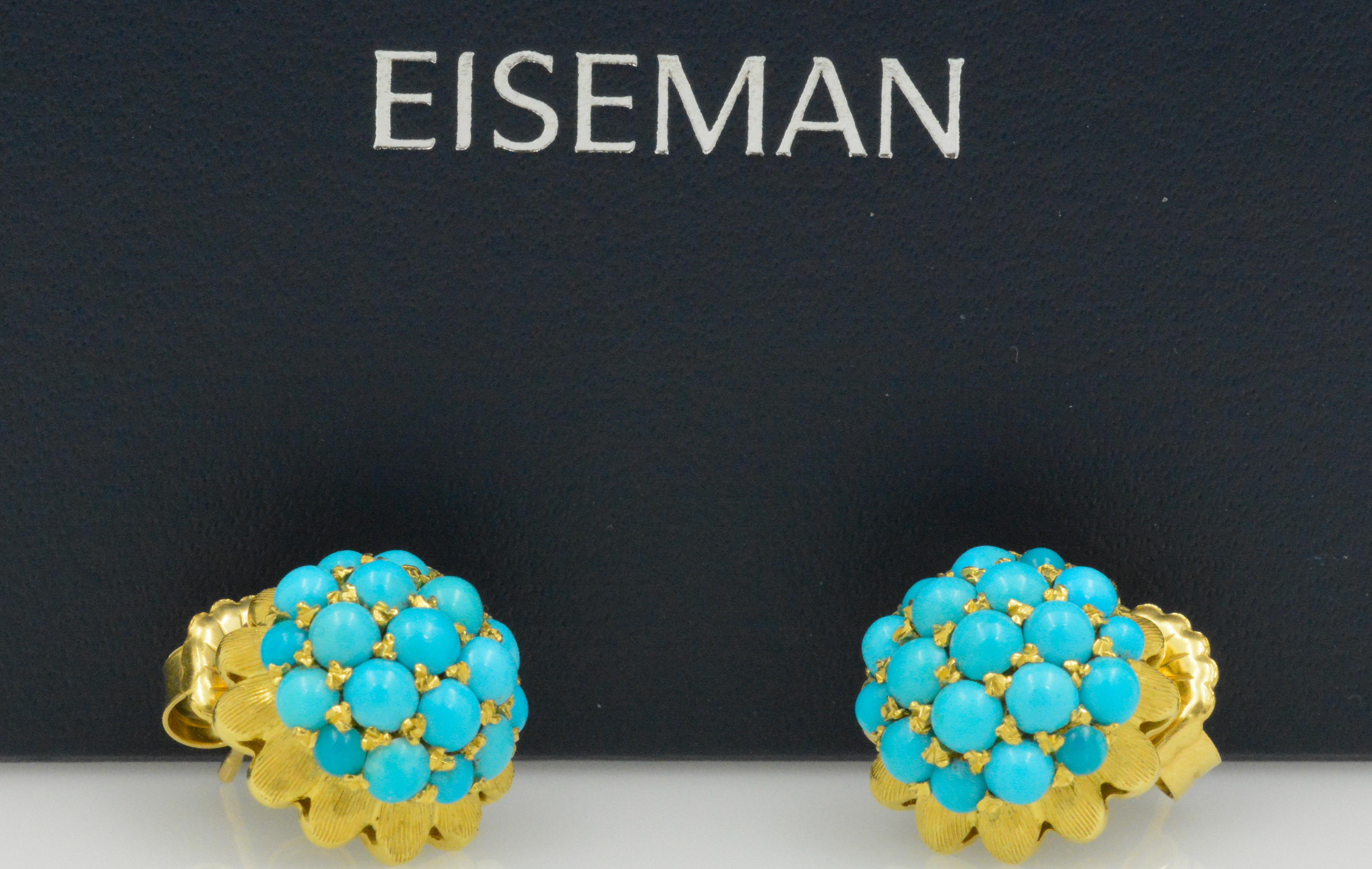 Women's Etruscan Revival 18 Karat Yellow Gold Turquoise Earrings