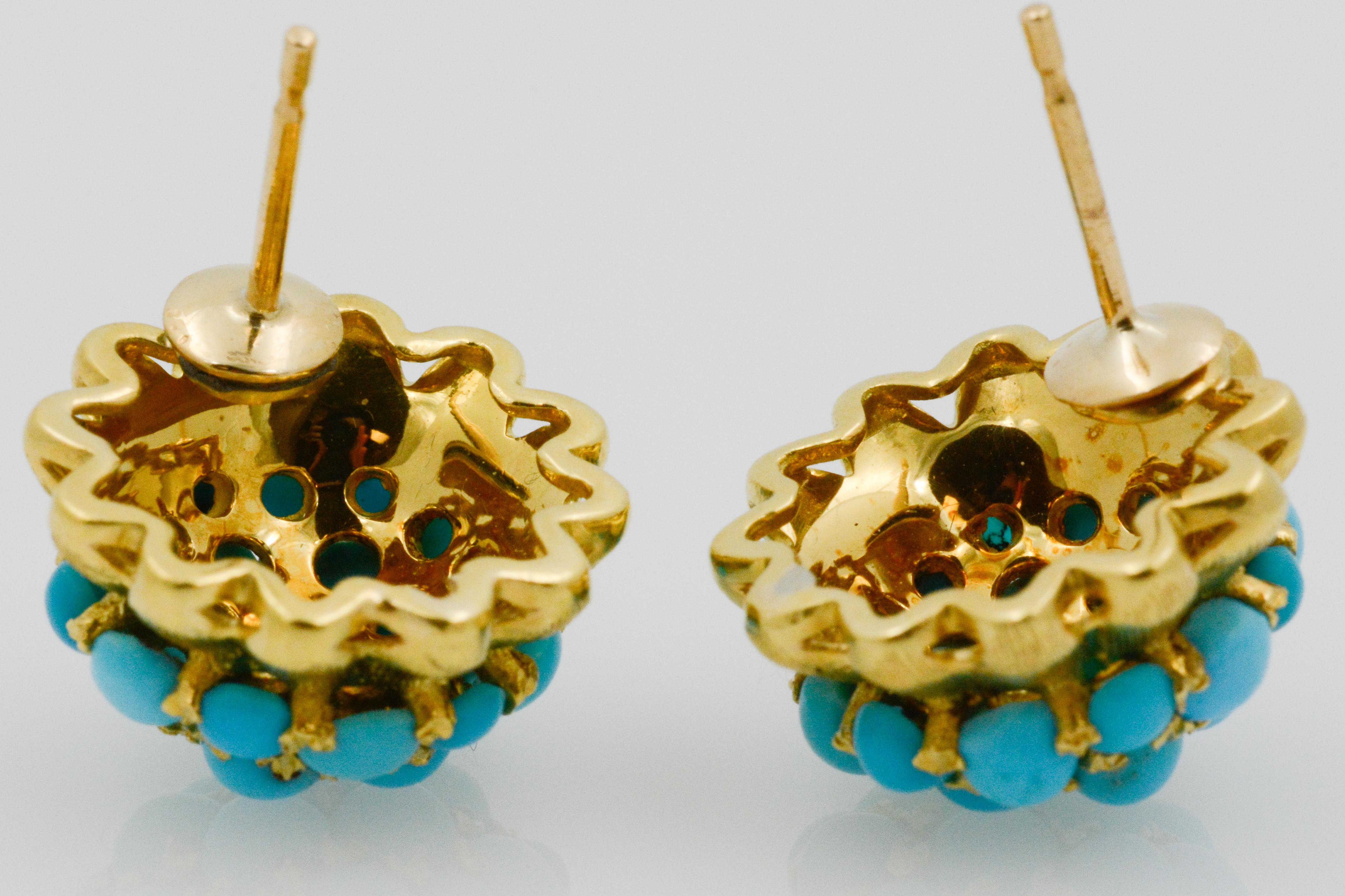 Etruscan Revival 18 Karat Yellow Gold Turquoise Earrings 1