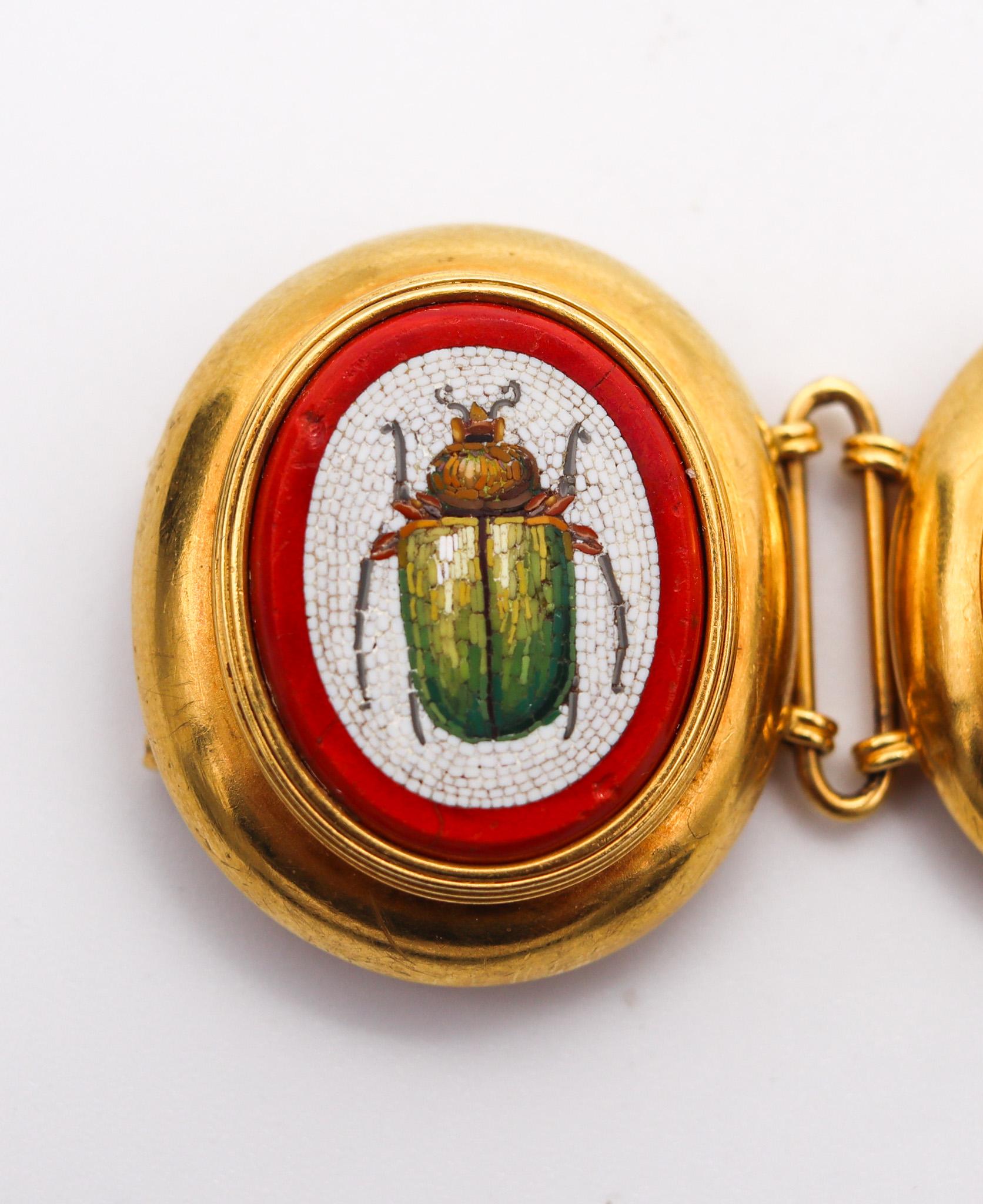 ETRUSCAN REVIVAL 1850 Papal States Scarab Micro Mosaic Bracelet In 22Kt Gold 4