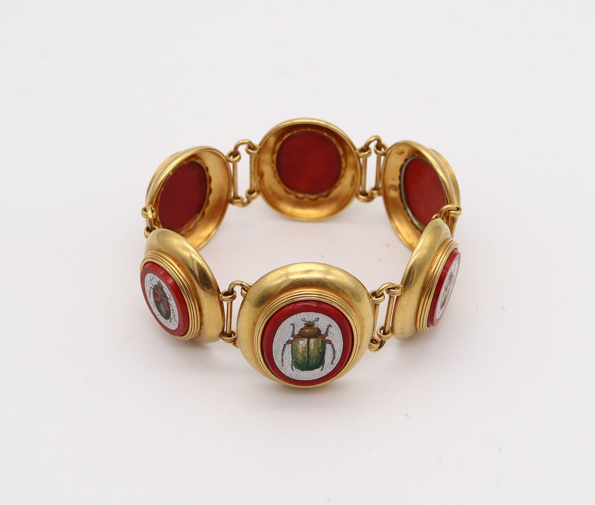 Uncut ETRUSCAN REVIVAL 1850 Papal States Scarab Micro Mosaic Bracelet In 22Kt Gold