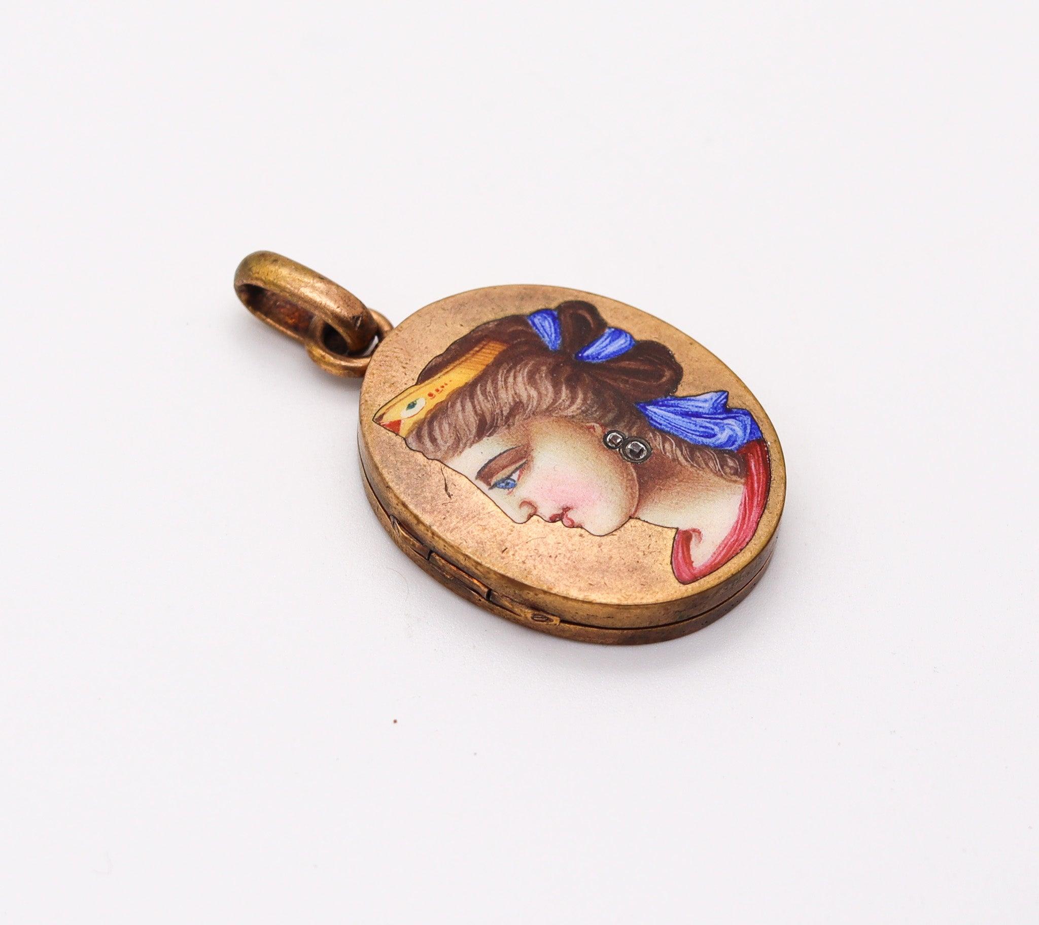 Néo-étrusque REVIVAL ETRUSCAN 1870 Médaillon italien émaillé d'une reine en vermeil avec diamants en vente