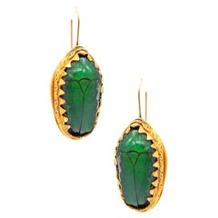 ETRUSCAN REVIVAL 1870 Victorian Earrings With Genuine Scarab Beetles 19Kt Gold
