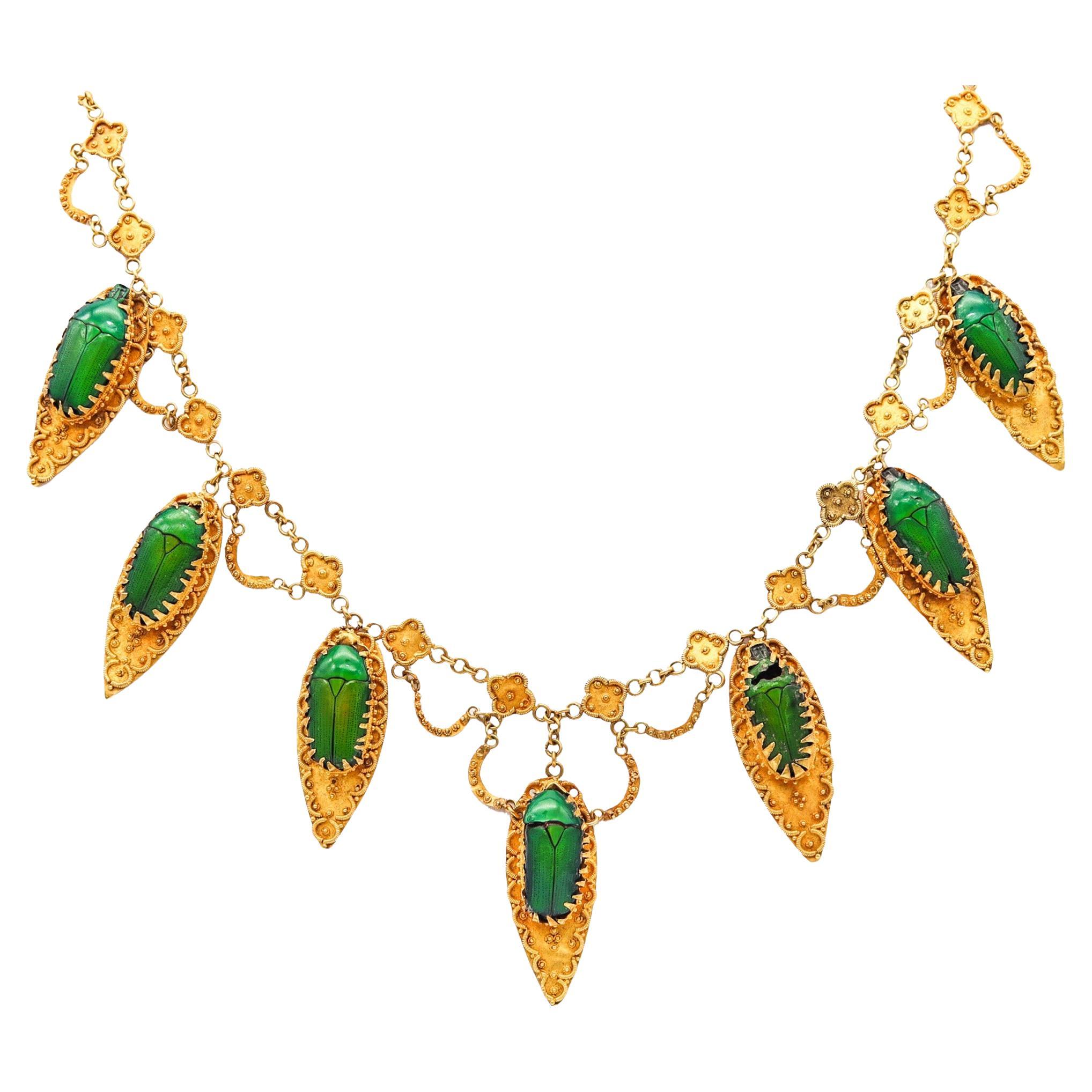 ETRUSCAN REVIVAL 1870 viktorianische Feston-Halskette mit Skarabäuskäfern und Käfern aus 19 Karat Gold