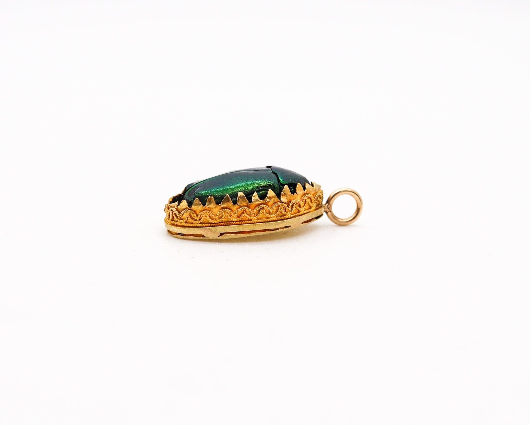 ETRUSCAN REVIVAL 1870 Victorian Pendant With Genuine Scarab Beetle In 19Kt Gold In Excellent Condition In Miami, FL