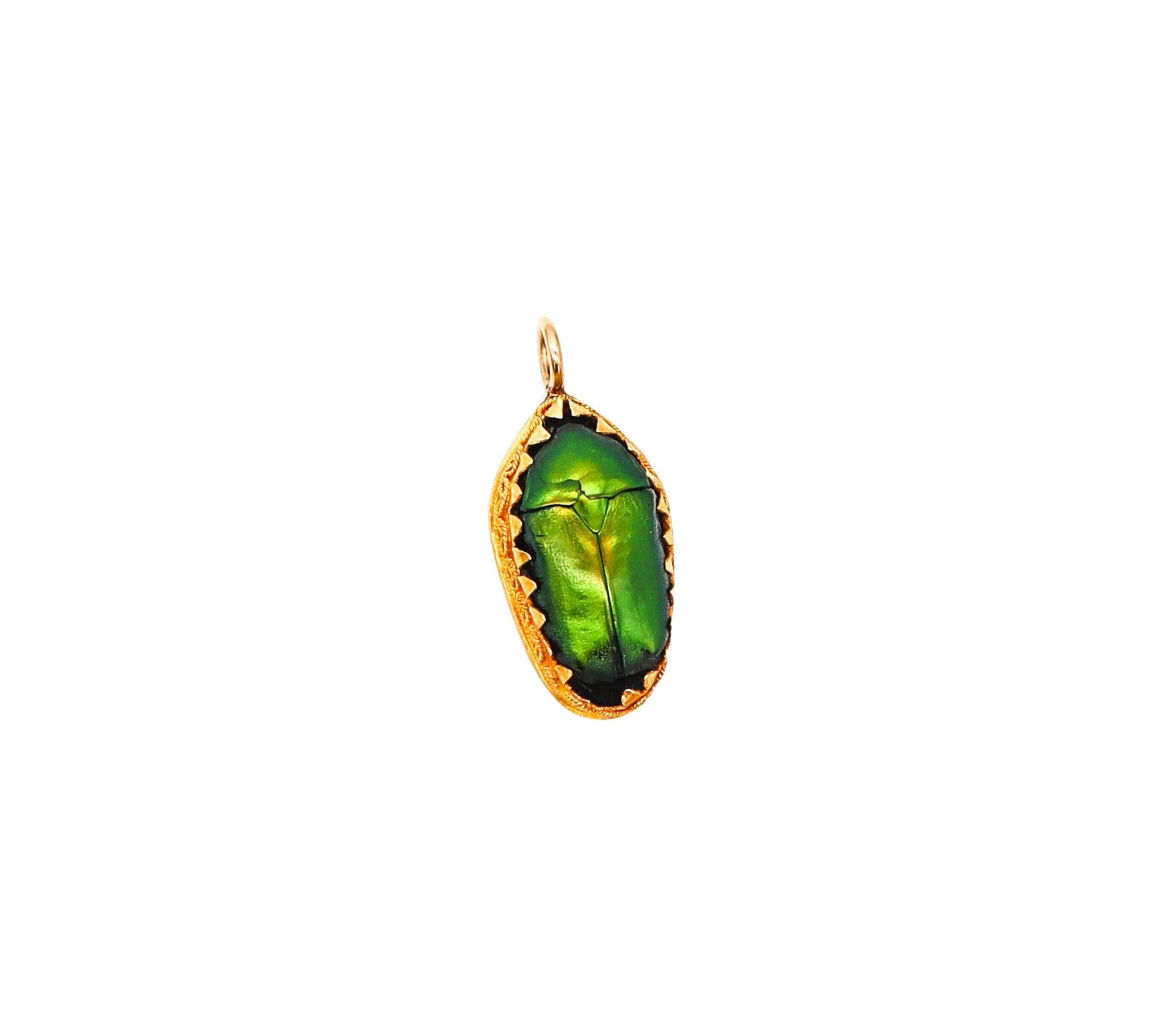 ETRUSCAN REVIVAL 1870 Victorian Pendant With Genuine Scarab Beetle In 19Kt Gold 1