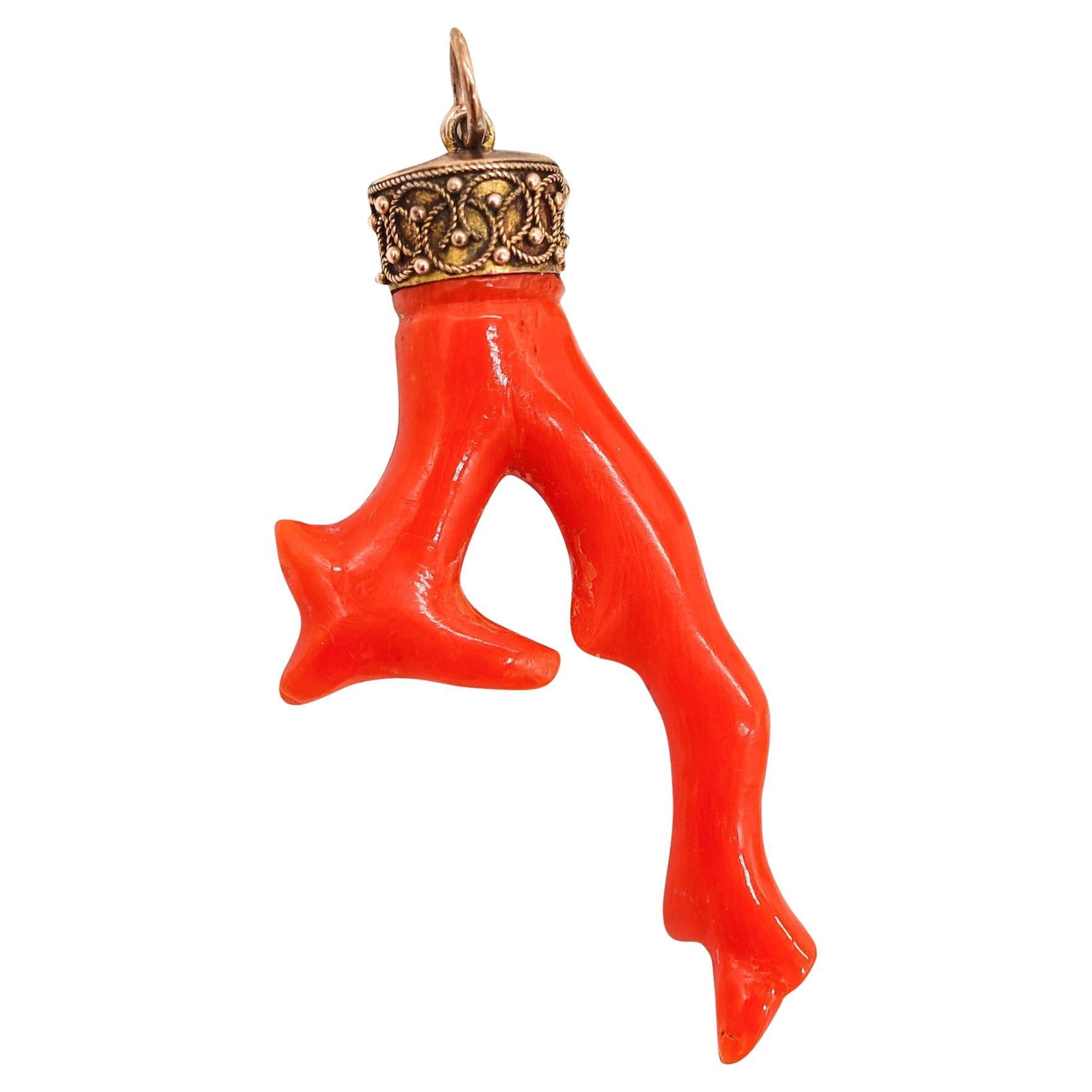 ETRUSCAN REVIVAL 1880 Italian Neapolitan Root-Coral Pendant In 18Kt Yellow Gold