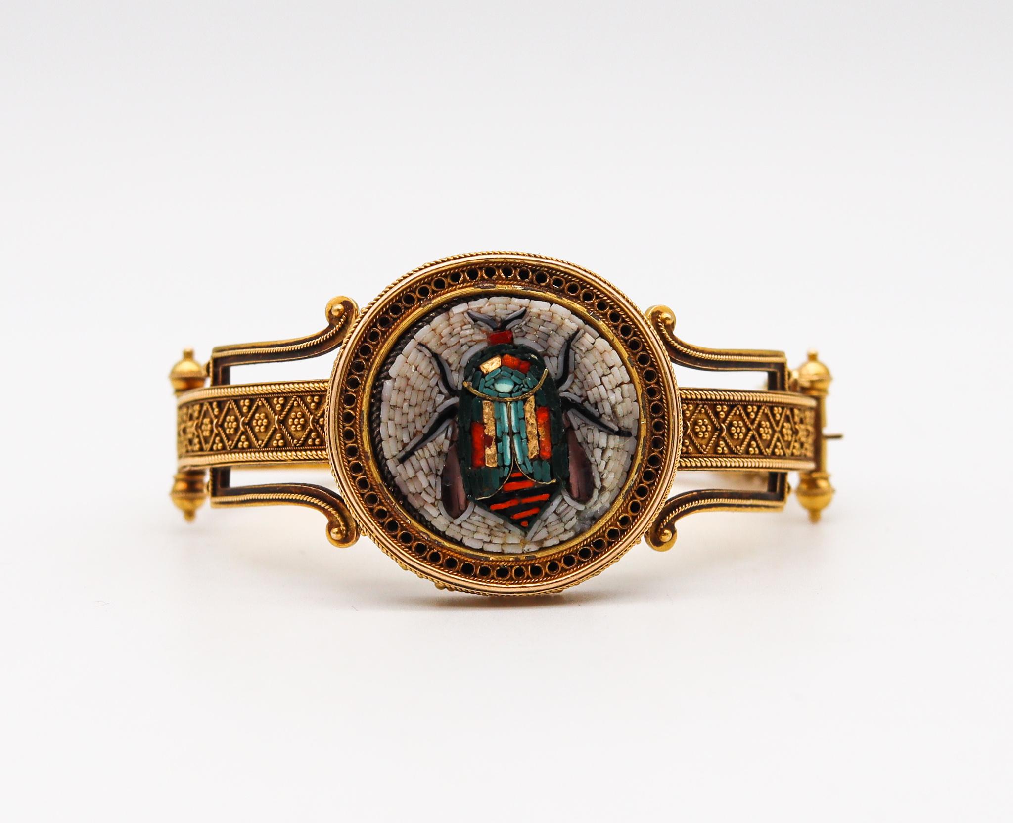 Cabochon Etruscan Revival 1880 Scarab Micro Mosaic Bracelet in Textured 18kt Yellow Gold