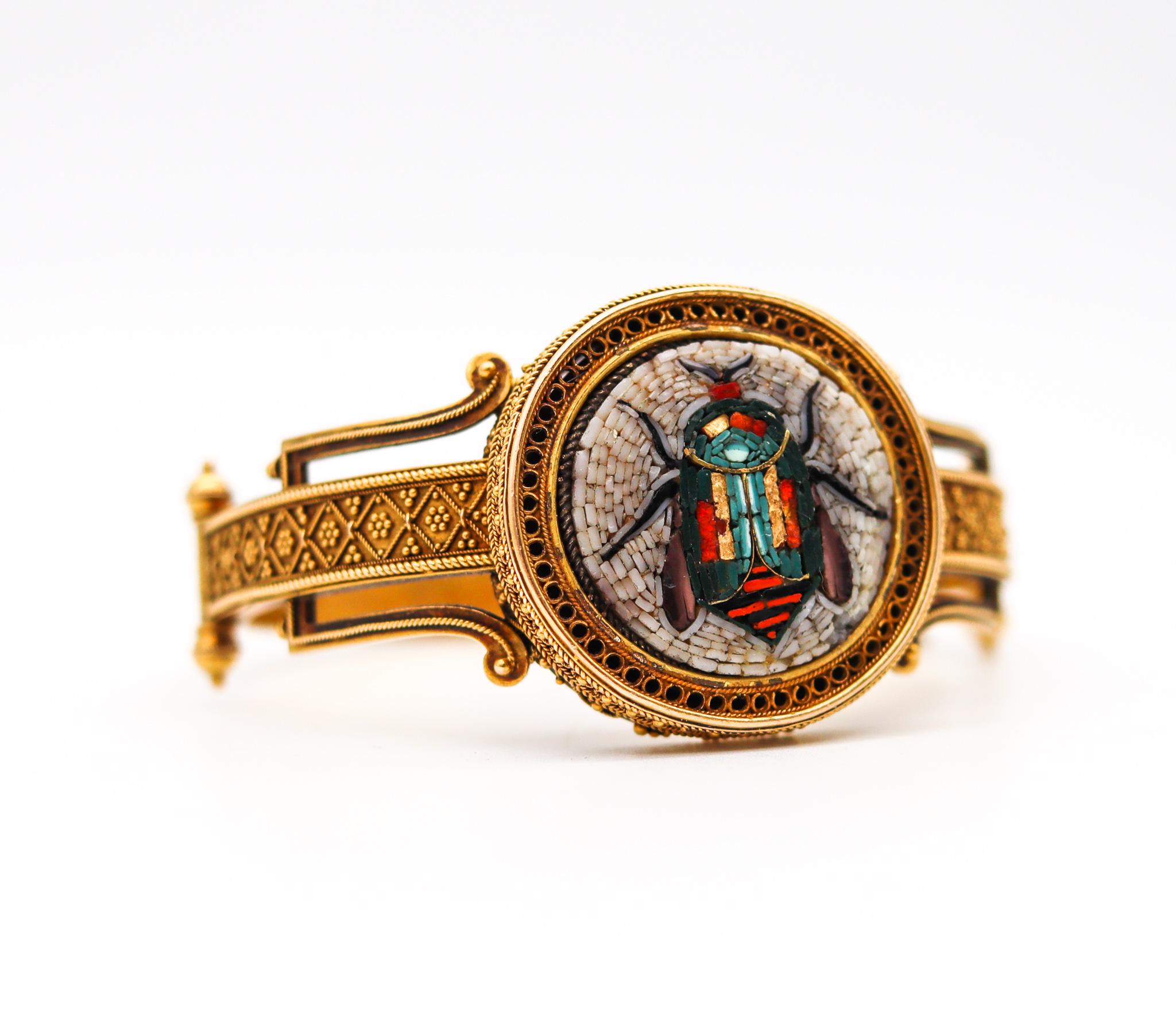 Women's Etruscan Revival 1880 Scarab Micro Mosaic Bracelet in Textured 18kt Yellow Gold