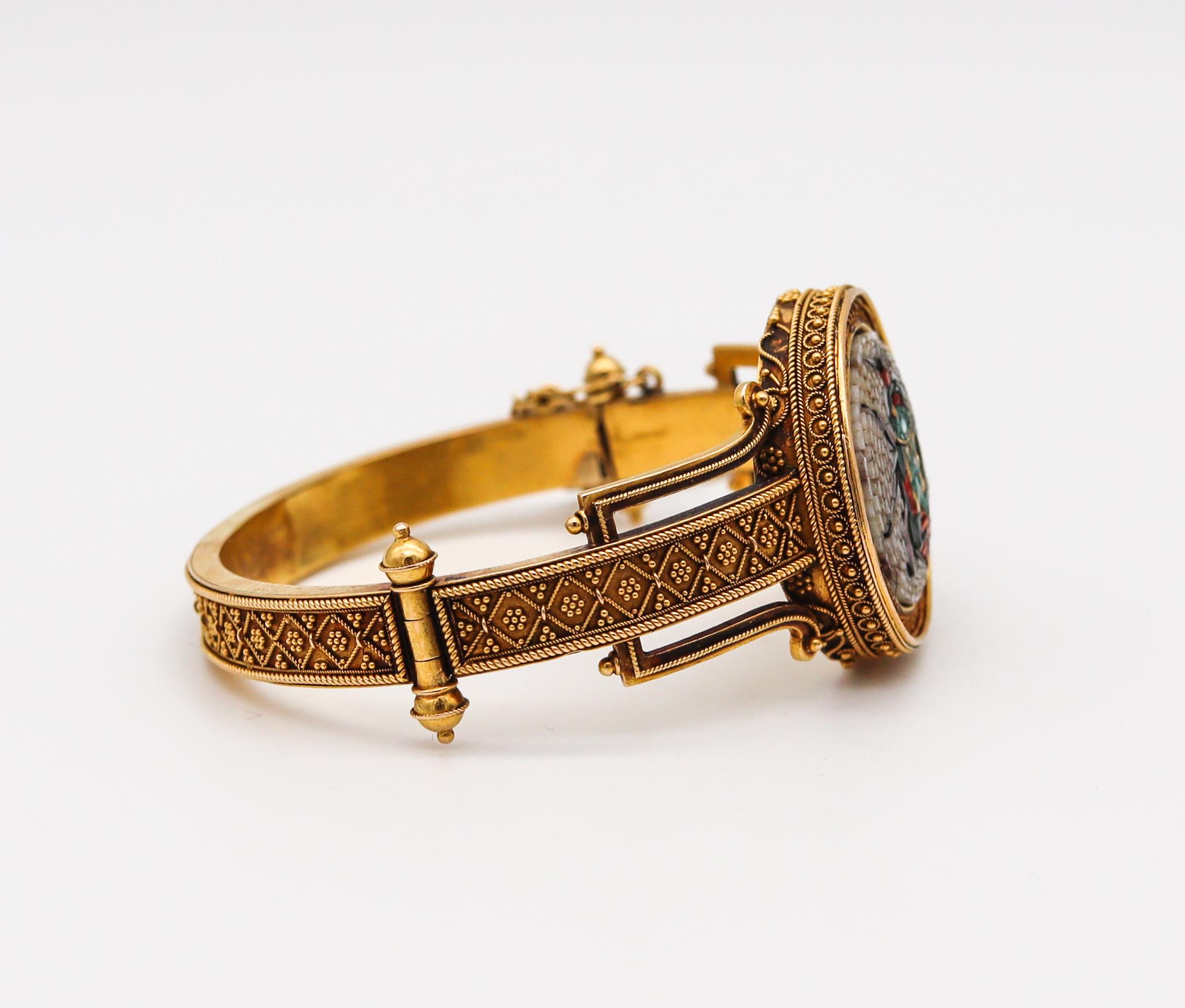 Etruscan Revival 1880 Scarab Micro Mosaic Bracelet in Textured 18kt Yellow Gold 1