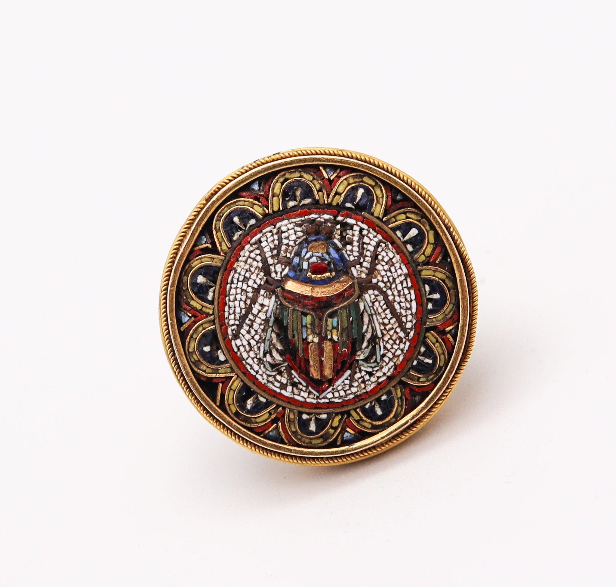 Etruscan Revival ETRUSCAN REVIVAL 1880 Victorian Scarab Micro Mosaic Ring In 18Kt Yellow Gold For Sale