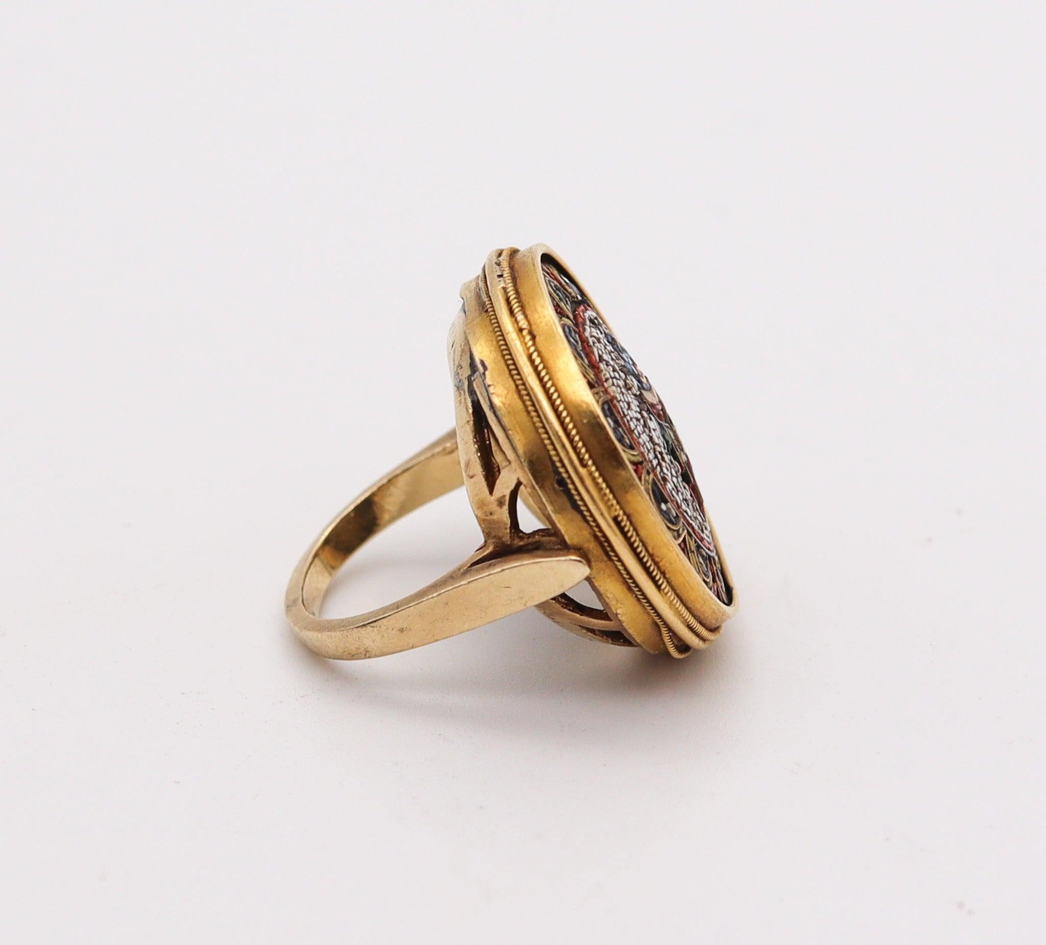 Uncut ETRUSCAN REVIVAL 1880 Victorian Scarab Micro Mosaic Ring In 18Kt Yellow Gold For Sale