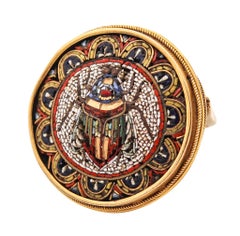 ETRUSCAN REVIVAL 1880 Victorian Scarab Micro Mosaic Ring In 18Kt Yellow Gold