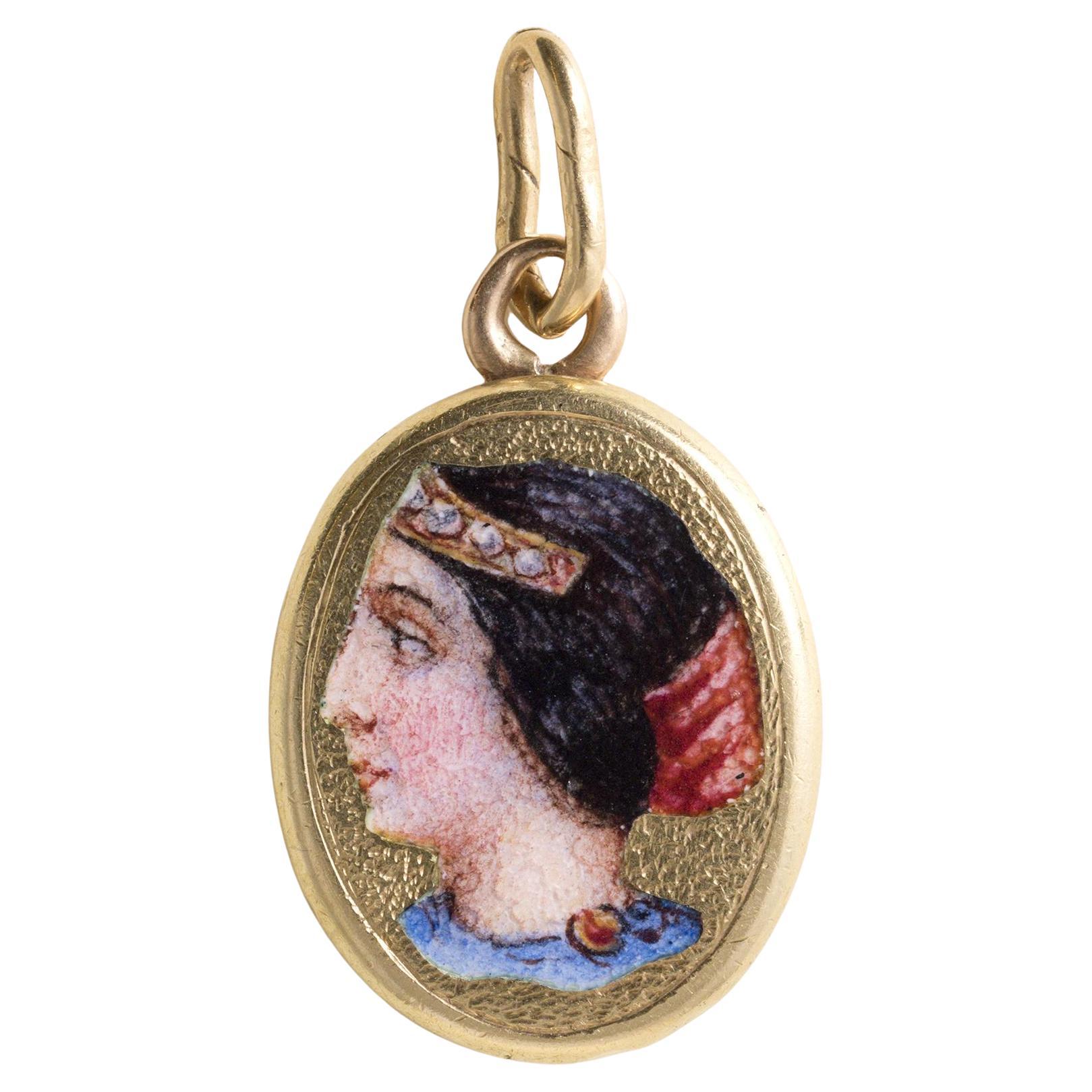 Etruscan Revival 18K Bella Donna Miniature Portrait Pendant For Sale