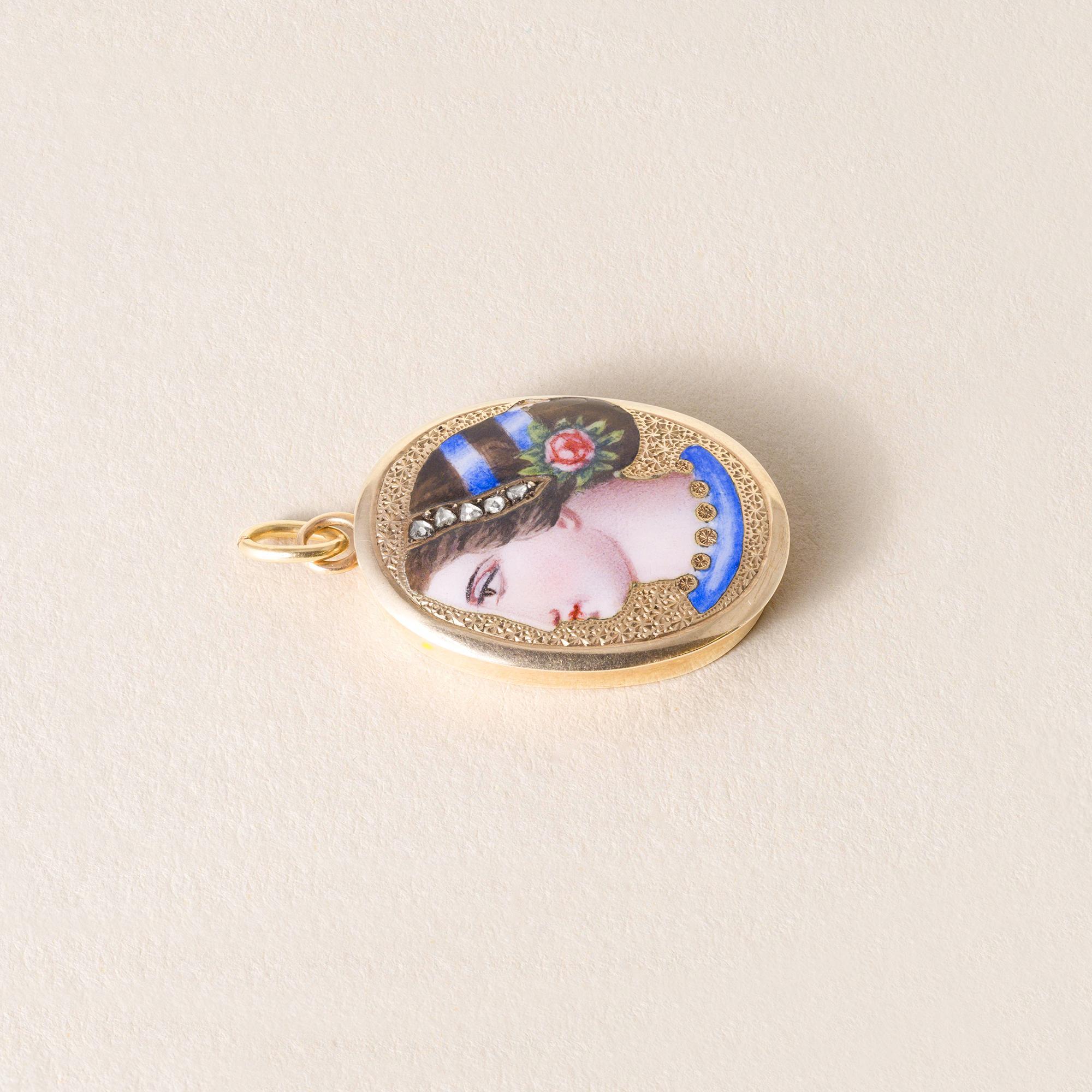 Etruscan Revival 18K Bella Donna Portrait Rose Cut Diamond Pendant In Good Condition For Sale In Los Angeles, CA