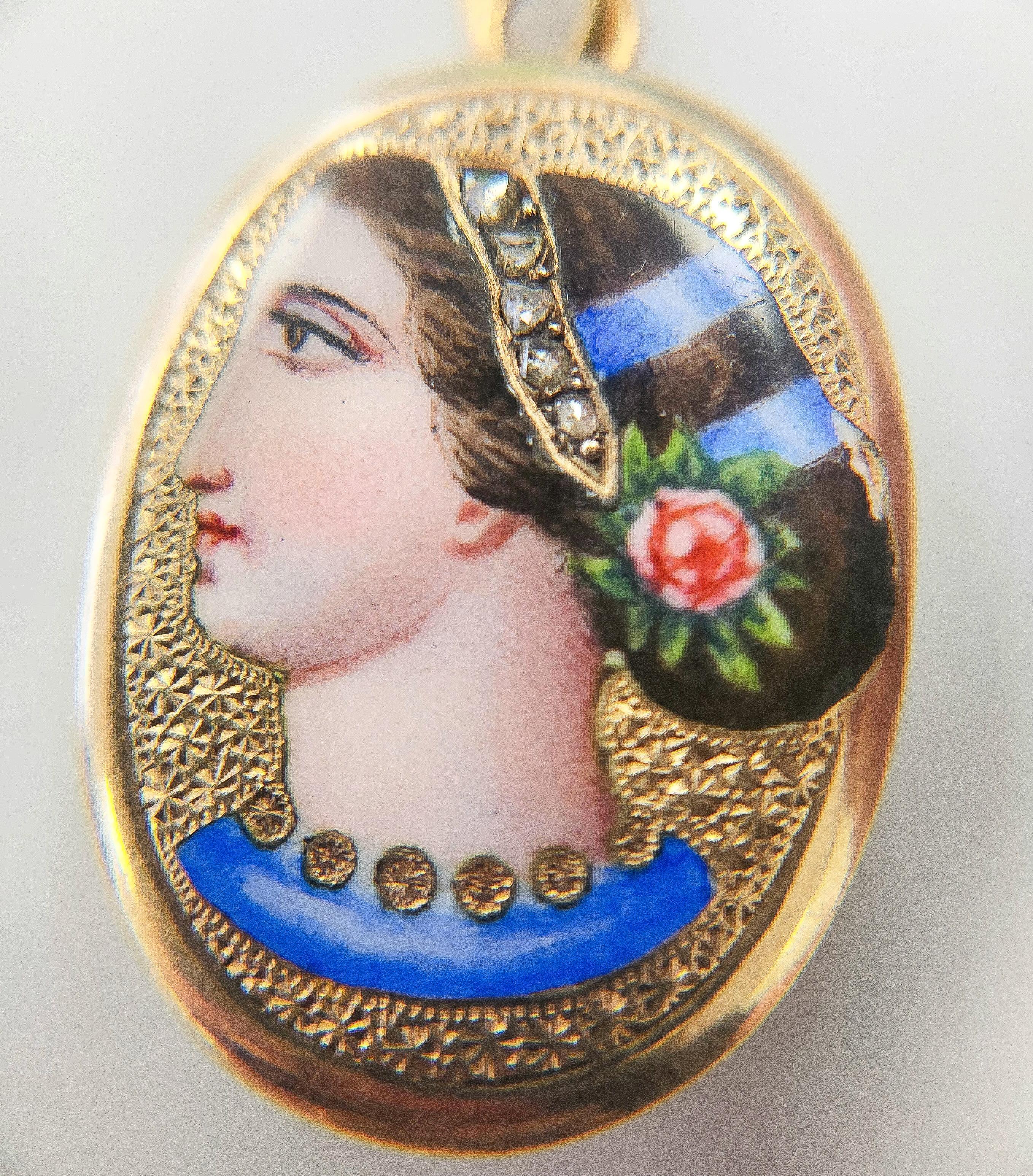 Etruscan Revival 18K Bella Donna Portrait Rose Cut Diamond Pendant For Sale 3