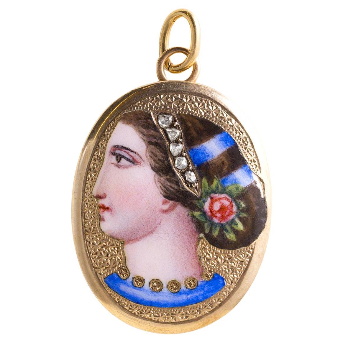 Etruscan Revival 18K Bella Donna Portrait Rose Cut Diamond Pendant