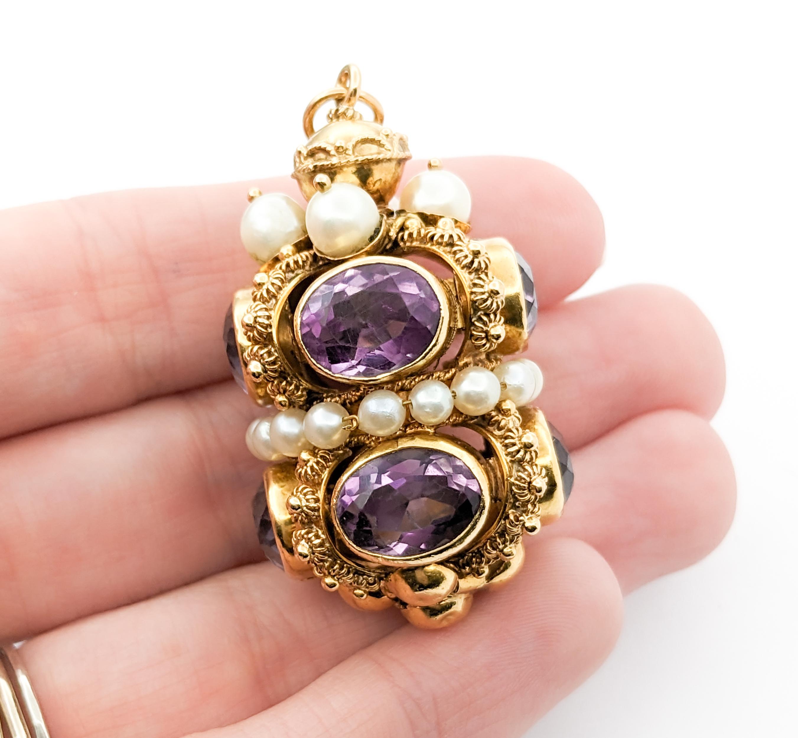 Oval Cut Etruscan Revival 18K Gold, Amethyst & Pearl Fob Pendant For Sale