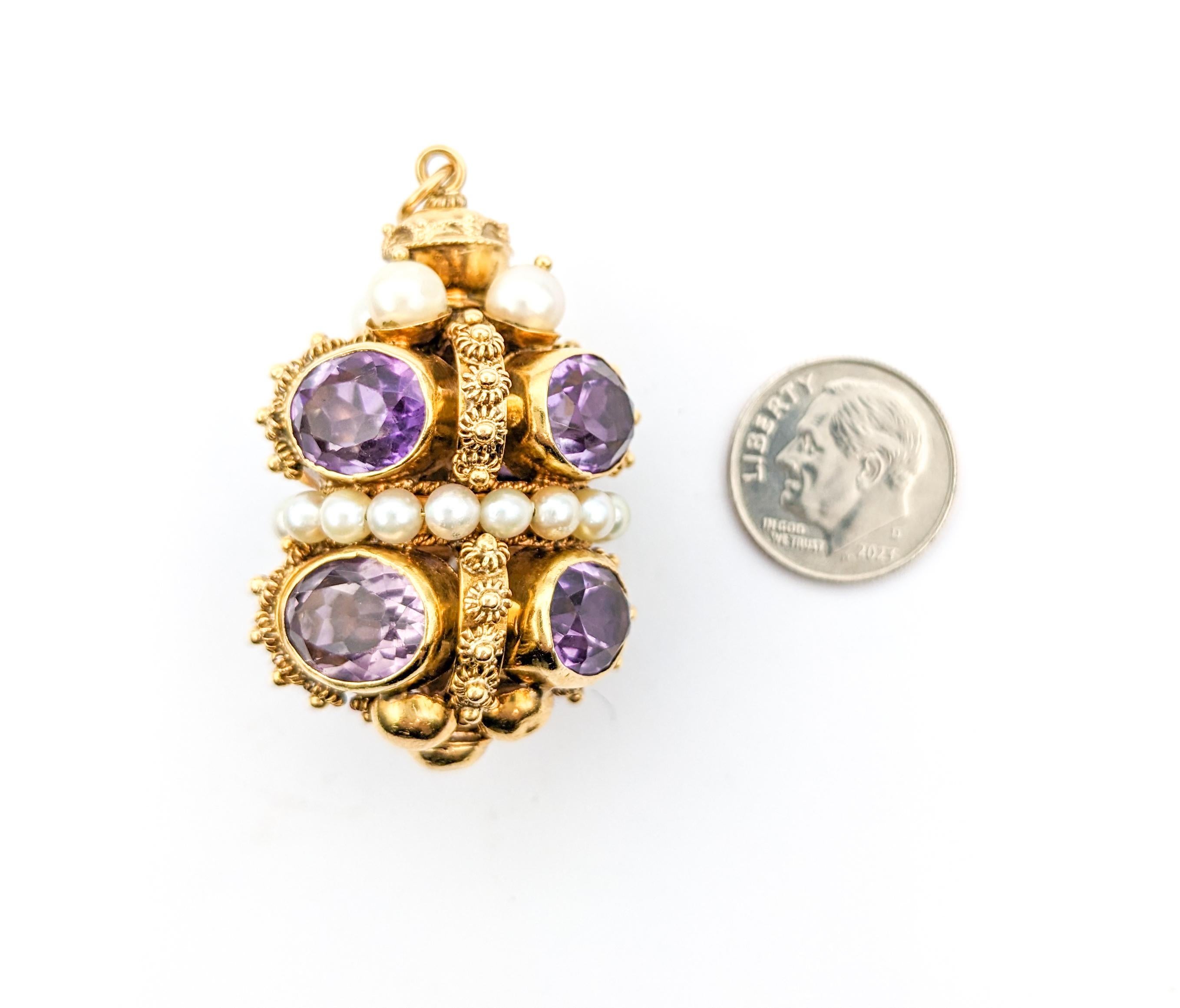 Etruscan Revival 18K Gold, Amethyst & Pearl Fob Pendant For Sale 1