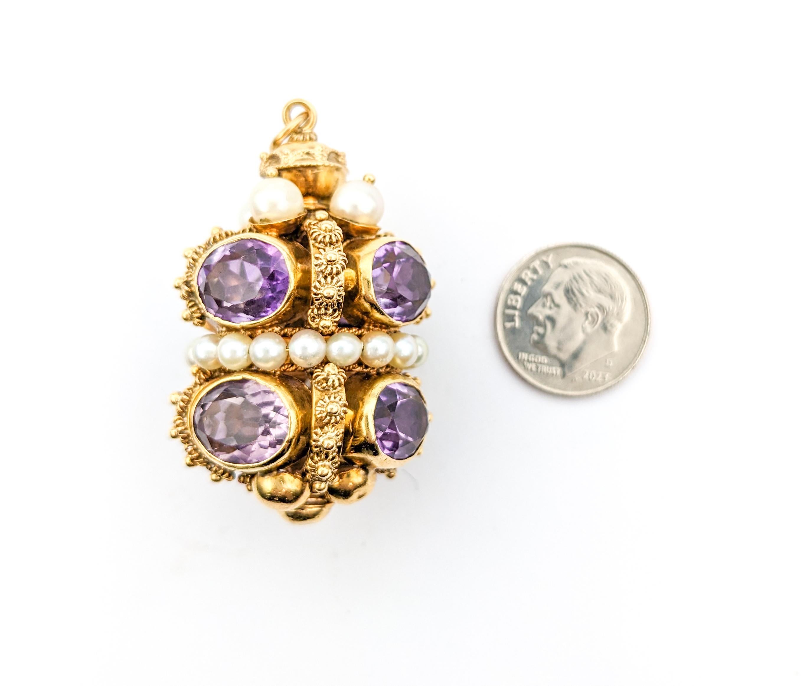 Anhänger im etruskischen Revival-Stil aus 18 Karat Gold, Amethyst und Perlen 1