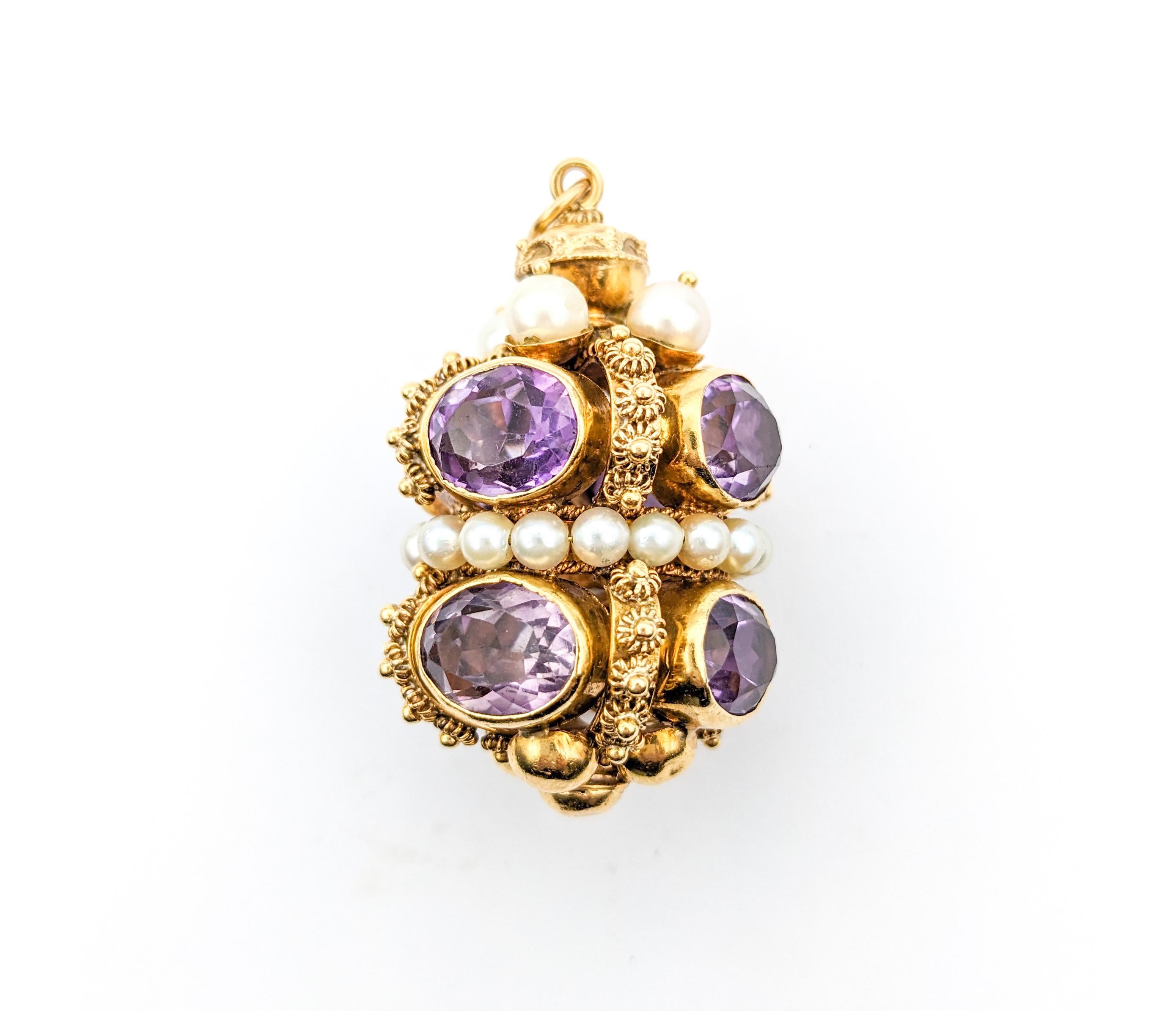 Etruscan Revival 18K Gold, Amethyst & Pearl Fob Pendant For Sale 2