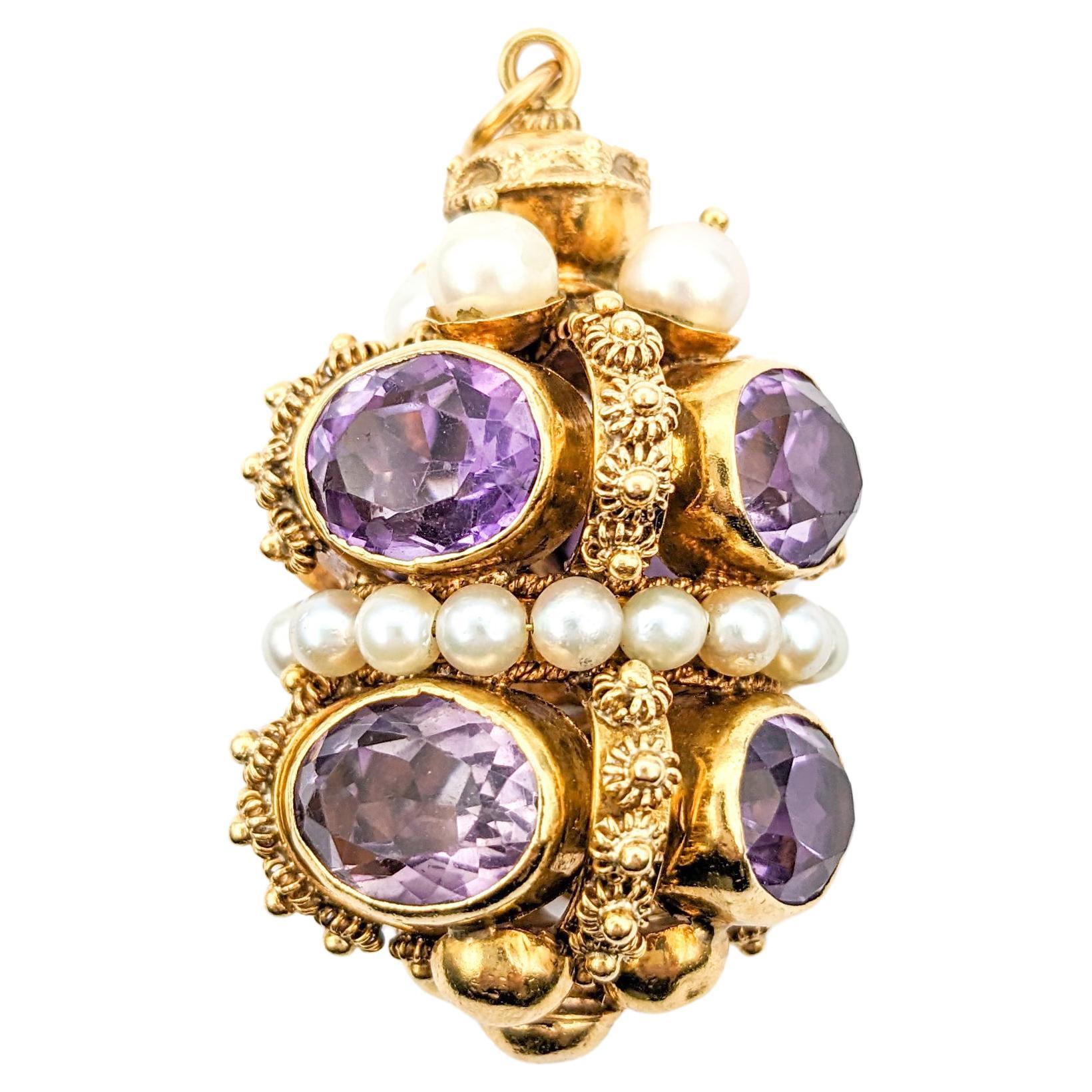 Etruscan Revival 18K Gold, Amethyst & Pearl Fob Pendant